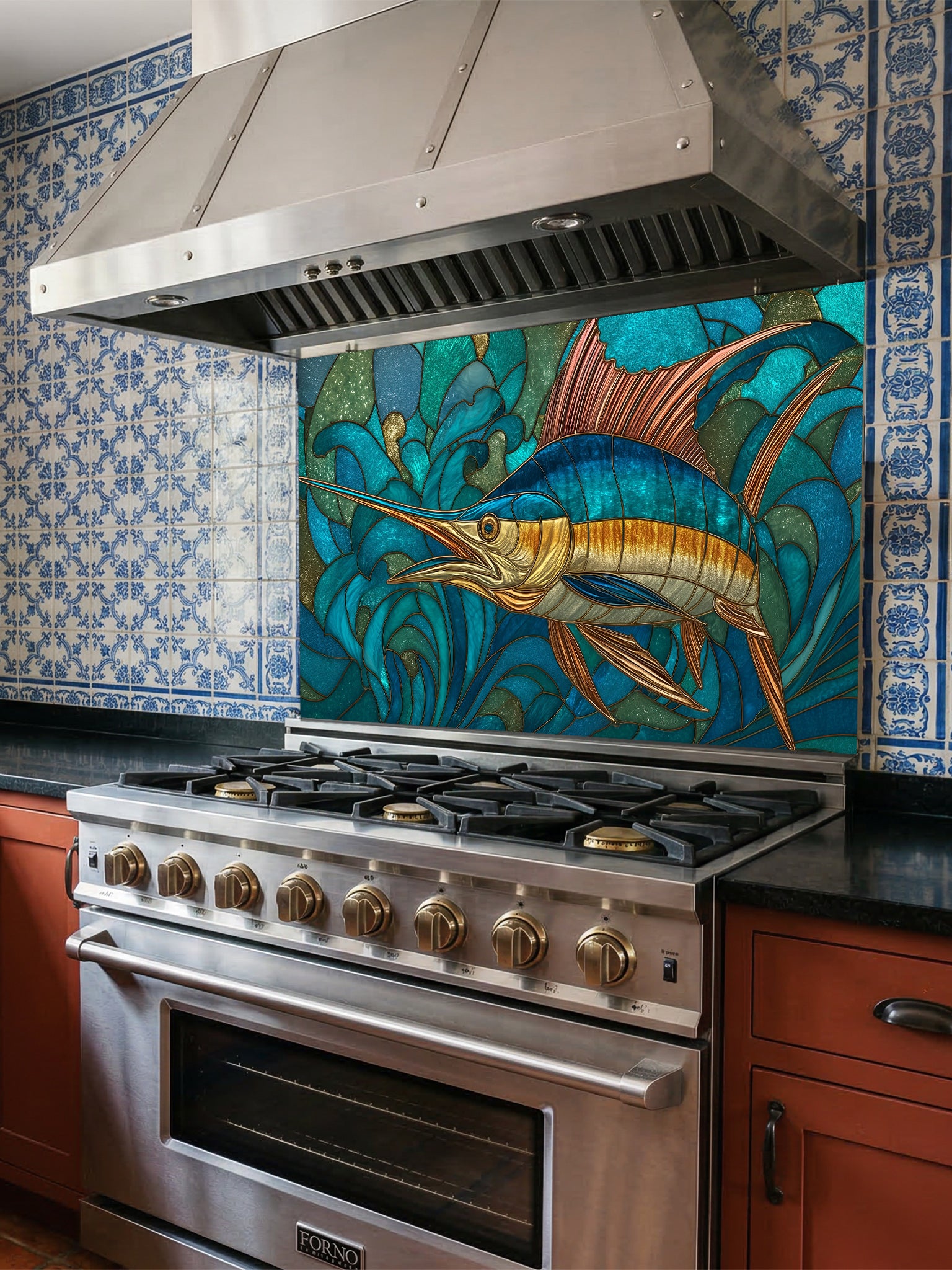 Stained glass style majestic blue marlin swimming through dynamic turquoise ocean waves, UV printed on a smooth tempered glass kitchen backsplash, installed behind a modern stove.
