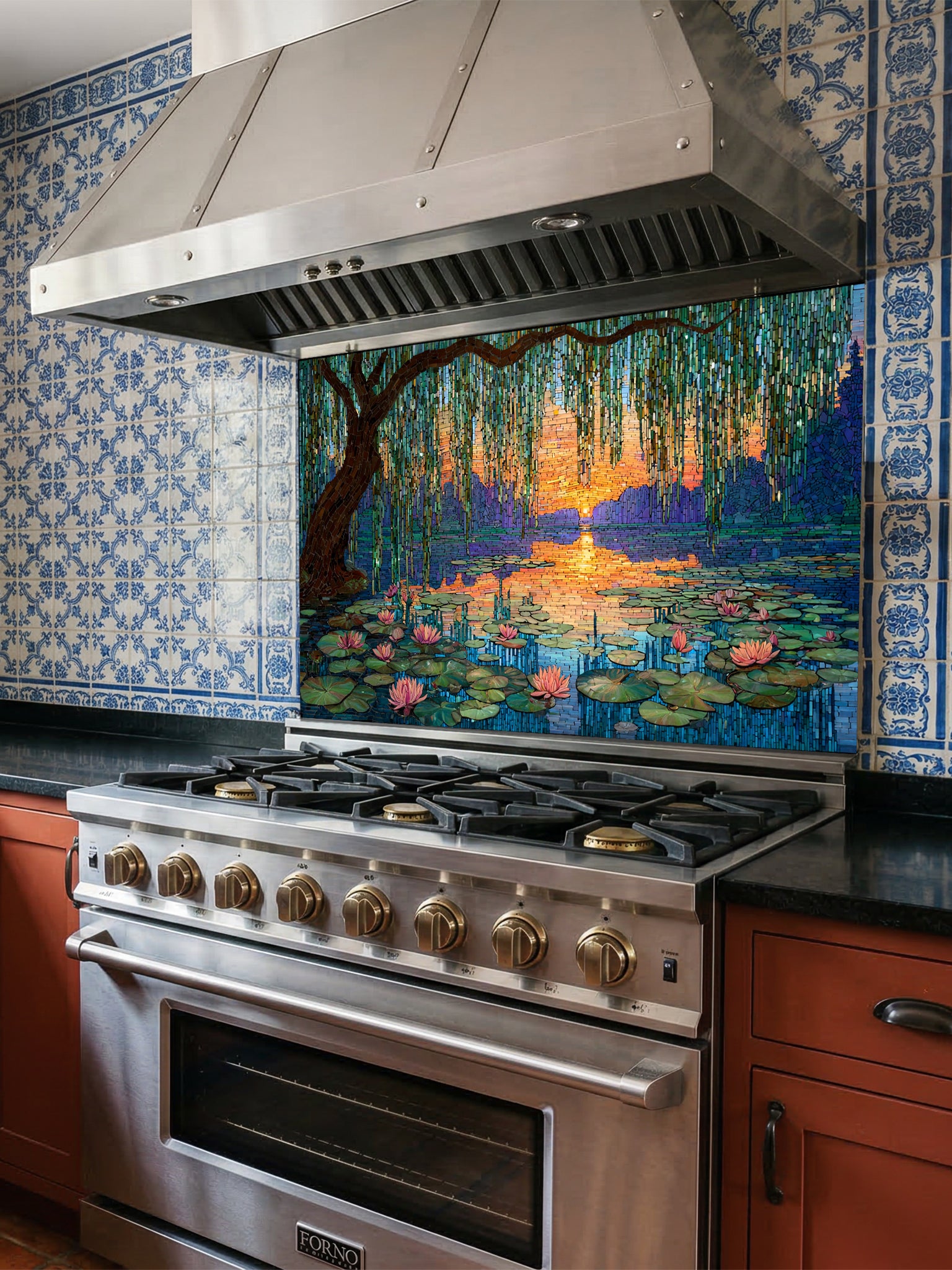 Tempered glass kitchen backsplash featuring a highly realistic 3D illusion of intricate mosaic tile art showing a majestic weeping willow tree and blooming pink water lilies on a tranquil lake during a vibrant golden and purple sunset, installed behind a modern black stove.