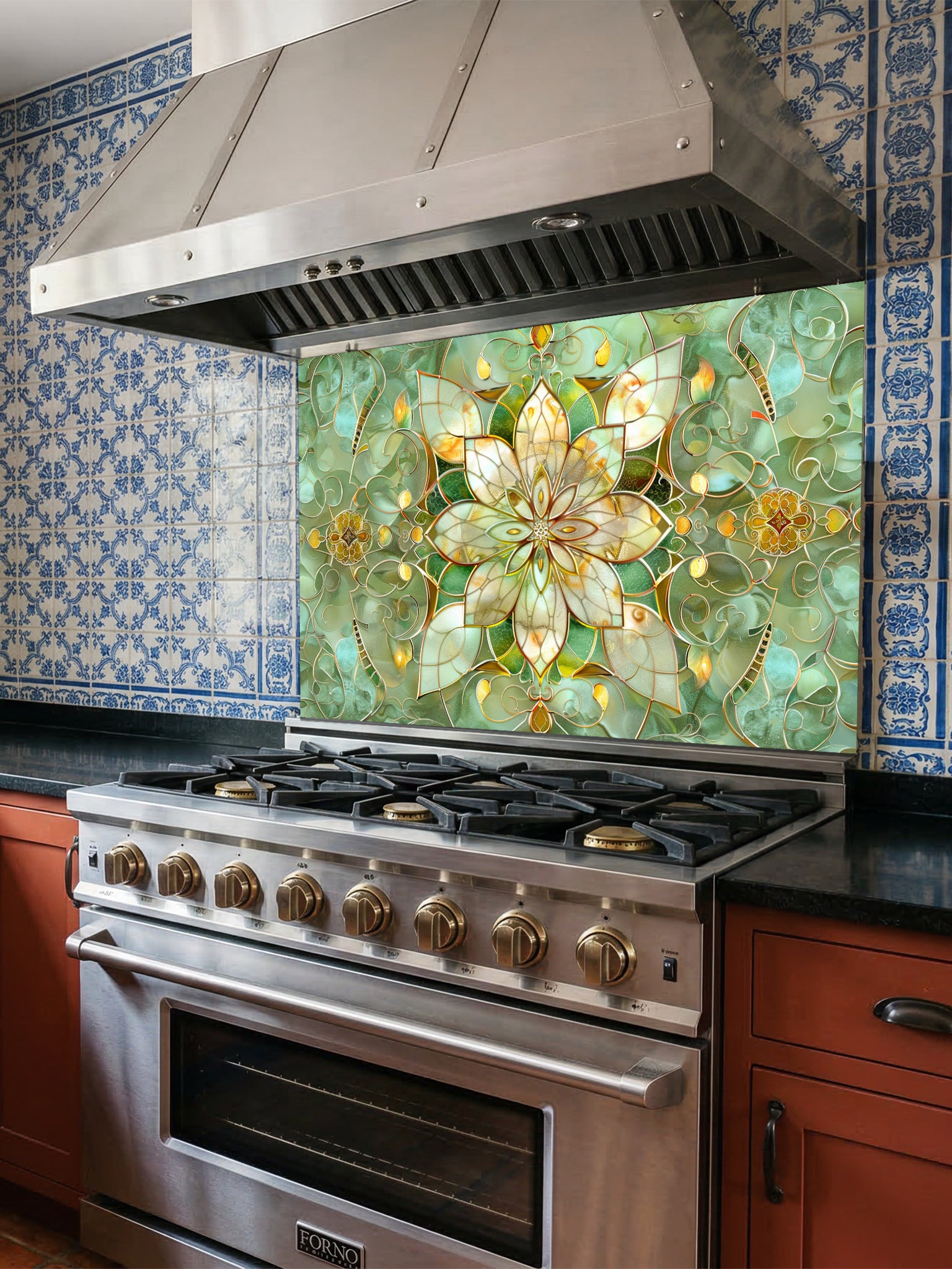 Stained glass style green and gold floral mandala UV printed on a smooth tempered glass kitchen backsplash, installed behind a modern stove.