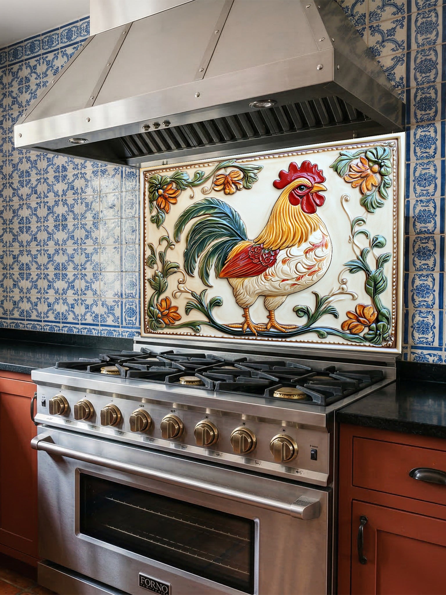 A rustic farmhouse kitchen featuring a tempered glass backsplash with a vintage rooster and floral design that mimics embossed ceramic tiles, installed behind a stainless steel stove.