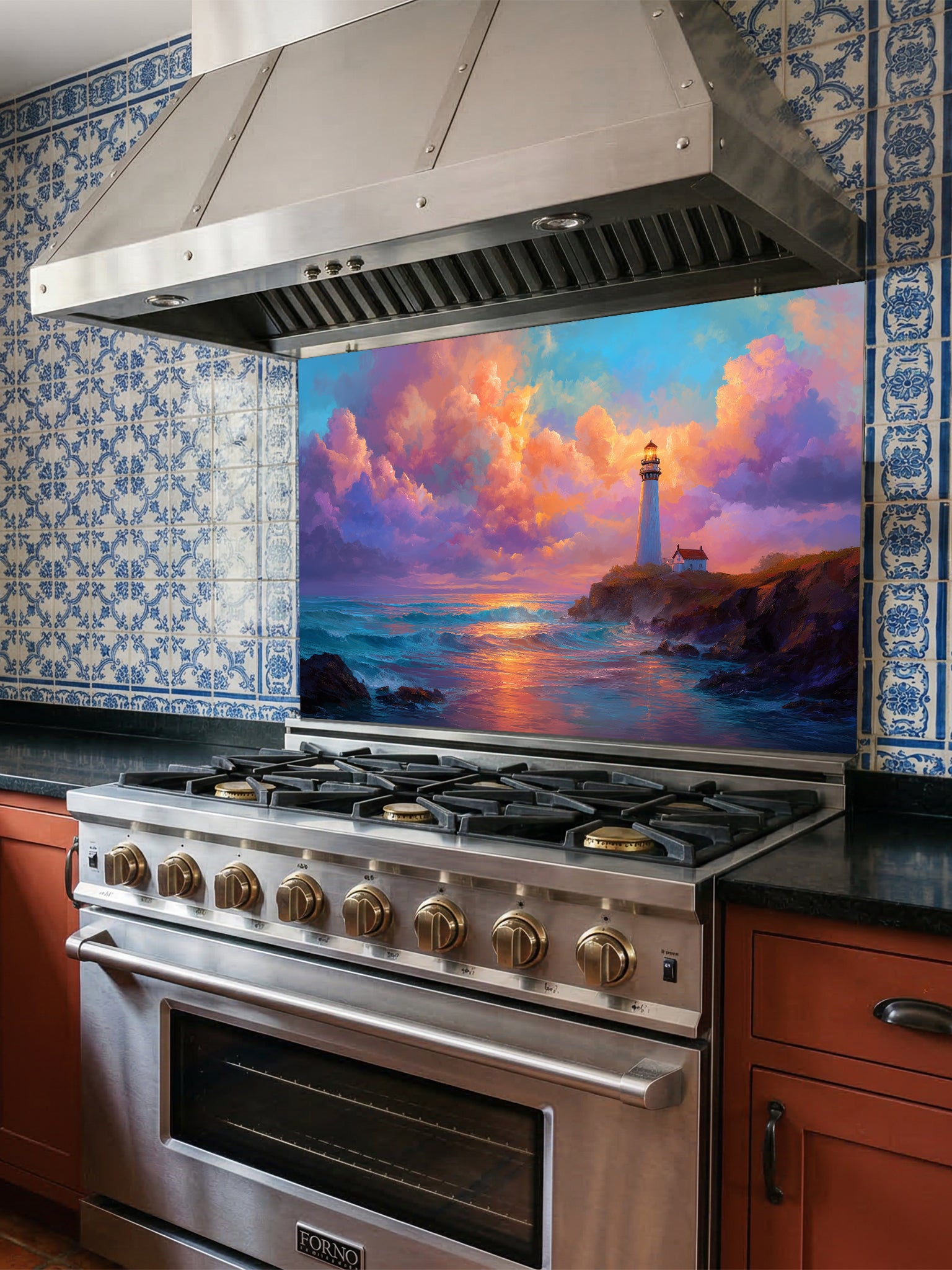 Painting style landscape of a classic lighthouse on a rocky cliff overlooking ocean waves under a colorful sunset sky, UV printed on a smooth tempered glass kitchen backsplash.