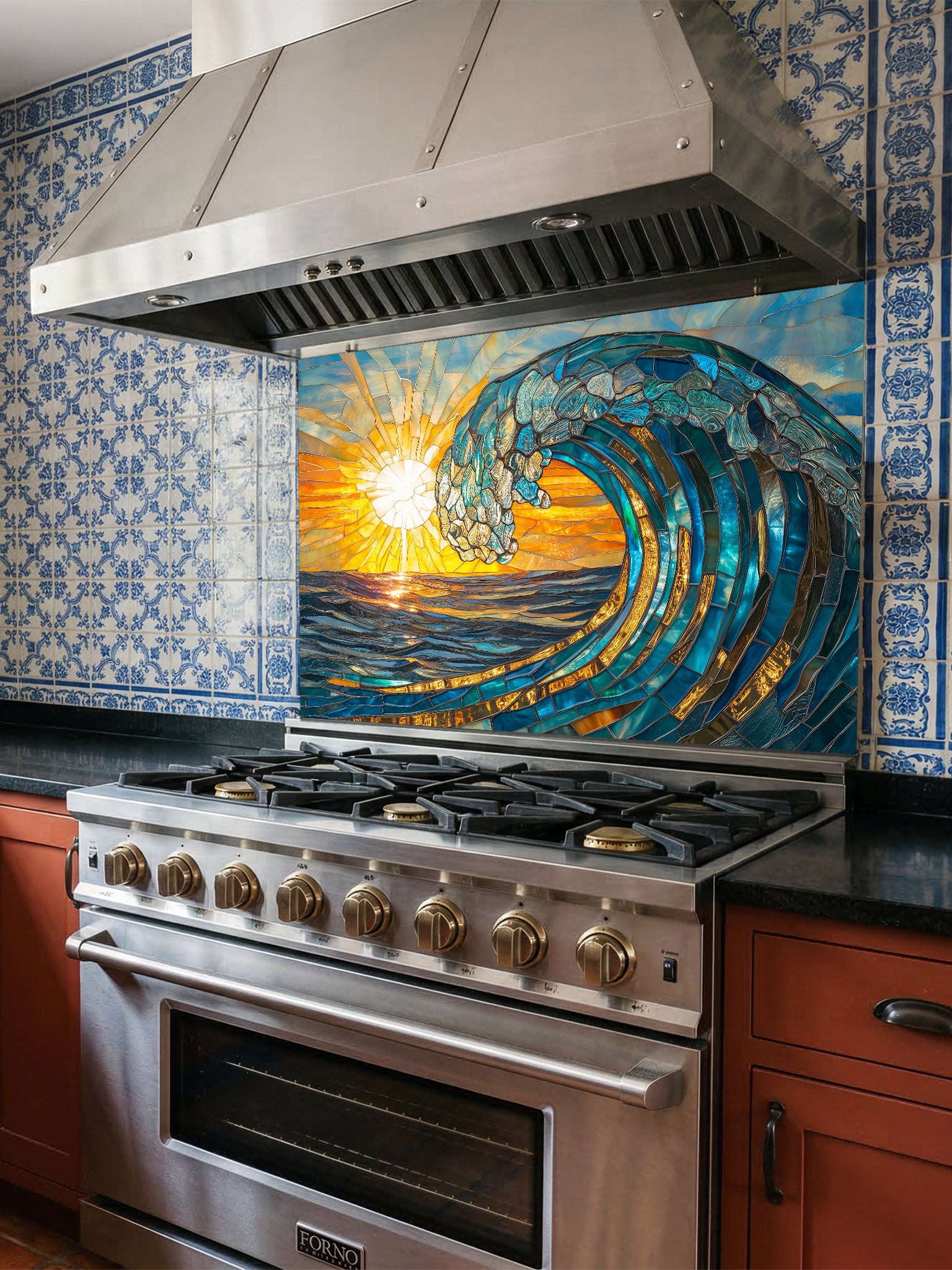 A vibrant stained glass effect tempered glass backsplash featuring a majestic crashing ocean wave and bright golden sunset, installed behind a modern stainless steel kitchen stove.