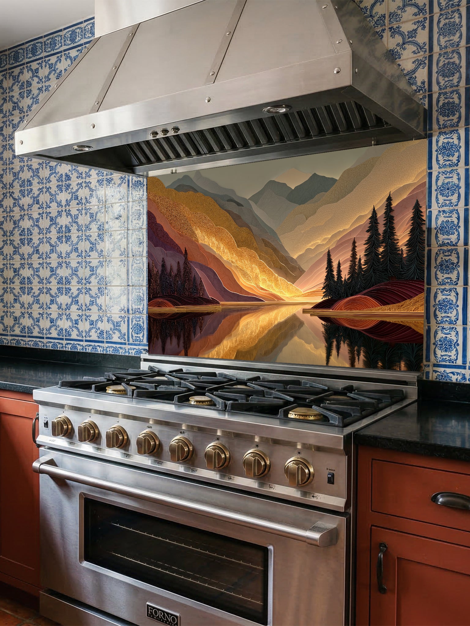 Tempered glass kitchen backsplash featuring a highly realistic 3D illusion of a textured mountain landscape at sunset, showcasing glowing golden peaks, dark pine trees, and a calm lake reflection in rich burgundy and amber tones, installed behind a modern black stove.