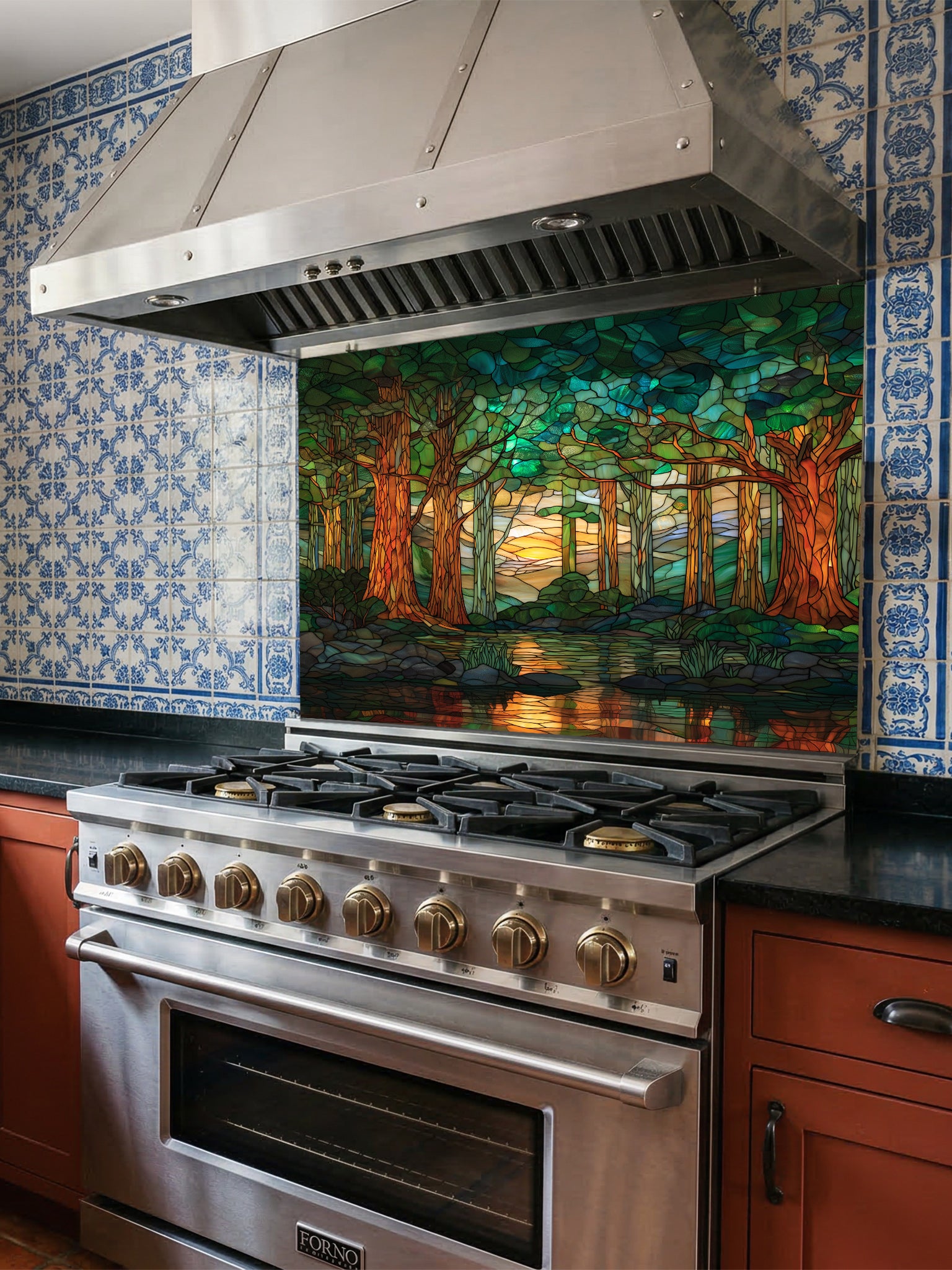 A modern kitchen featuring a tempered glass backsplash with a beautiful stained glass effect landscape, showcasing a lush green forest, tall trees, and a tranquil river at sunset, installed behind a modern black stove.
