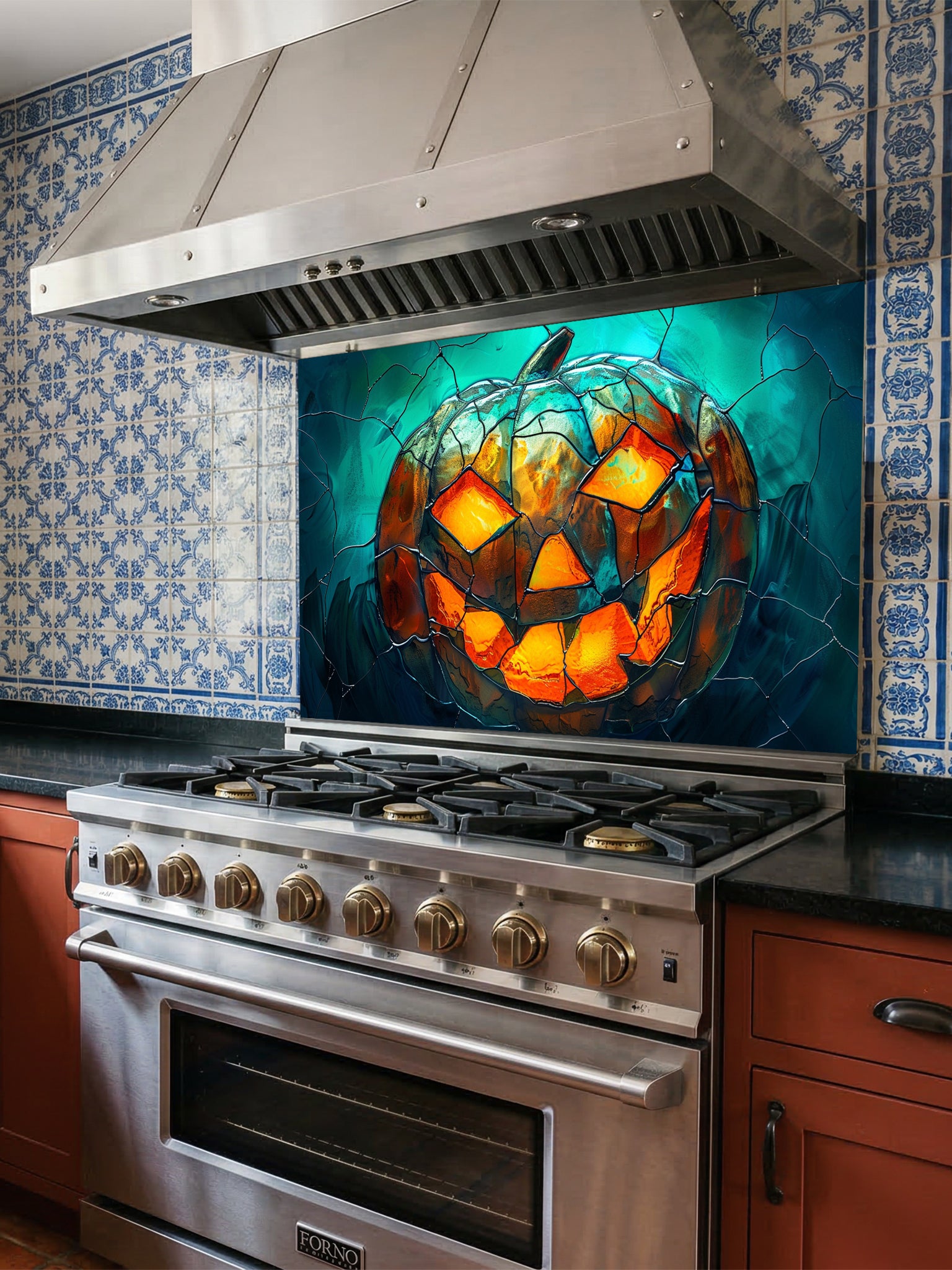 Tempered glass kitchen backsplash featuring a highly realistic 3D illusion of stained glass art showing a spooky Jack-o'-lantern pumpkin with glowing fiery orange eyes and mouth against a dark teal cracked glass background, installed behind a modern black stove.