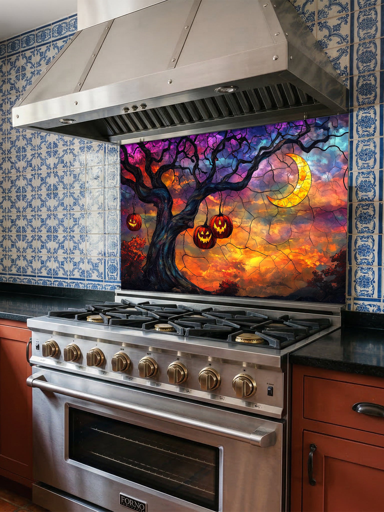 Stainless steel oven with colorful stained glass backplash above it in a kitchen.