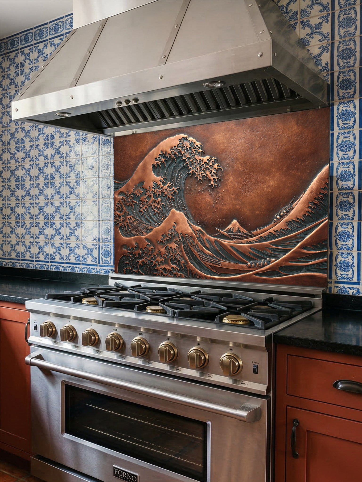 Tempered glass kitchen backsplash featuring a highly realistic 3D faux copper metal relief design of the iconic Great Wave off Kanagawa and Mount Fuji, installed behind a modern stainless steel stove.