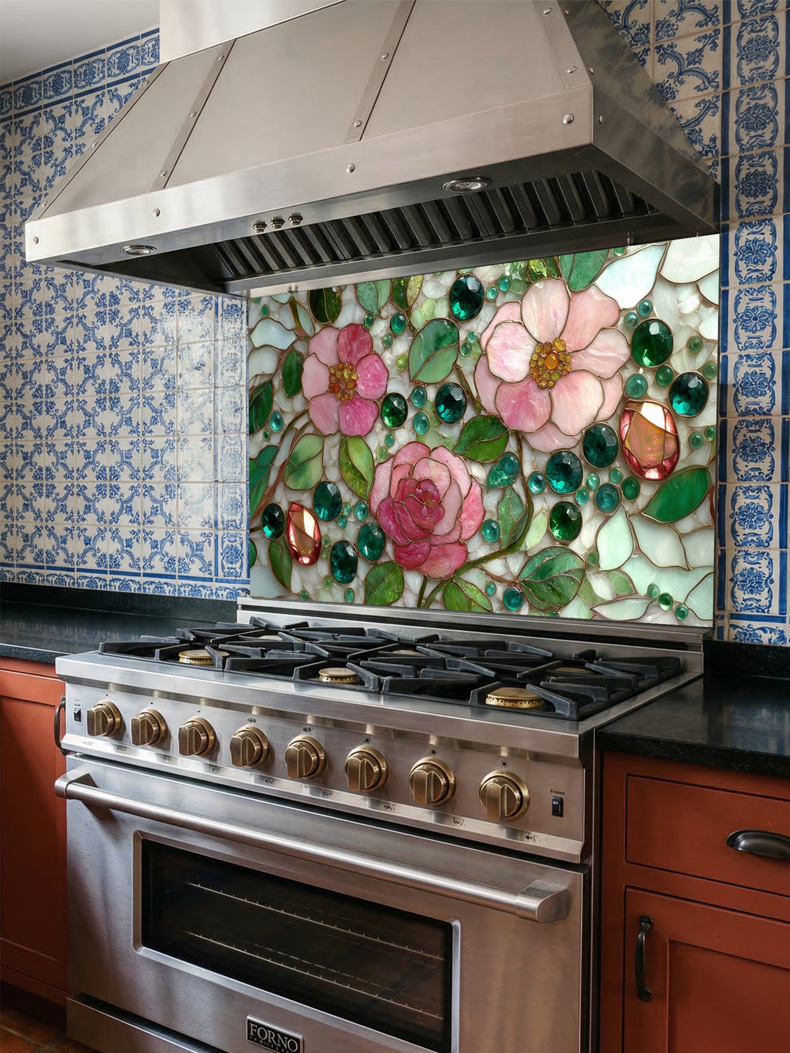 Tempered glass kitchen backsplash featuring a highly realistic faux stained glass design of delicate pink roses, green leaves, and jewel-like glass beads on a pale mosaic background, installed behind a modern stainless steel stove.