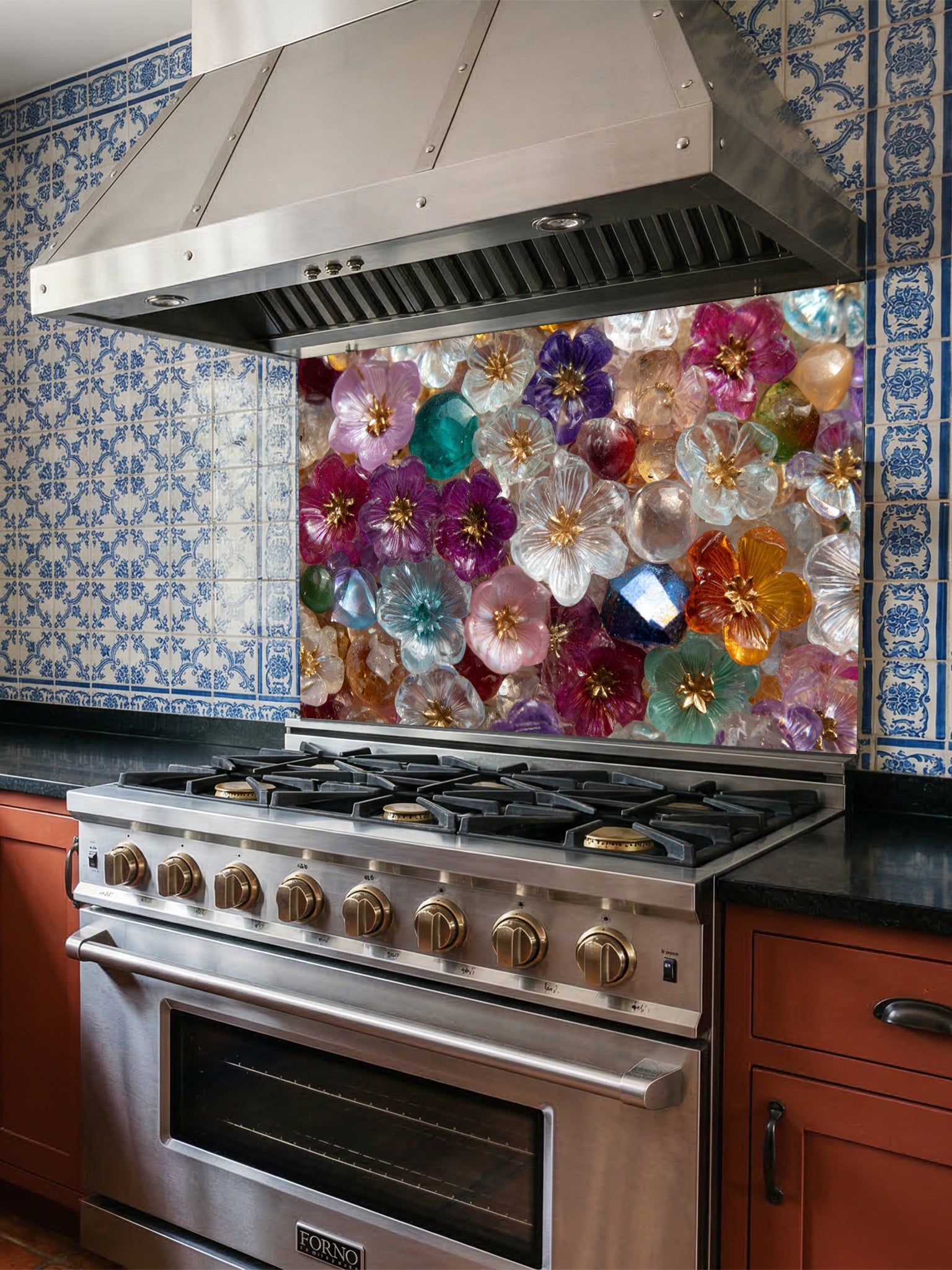 Tempered glass kitchen backsplash featuring a highly realistic 3D illusion of a dense, sparkling mosaic made of translucent glass flowers and crystal gems in vibrant jewel tones of purple, ruby, sapphire, emerald, and gold, installed behind a modern black stove.