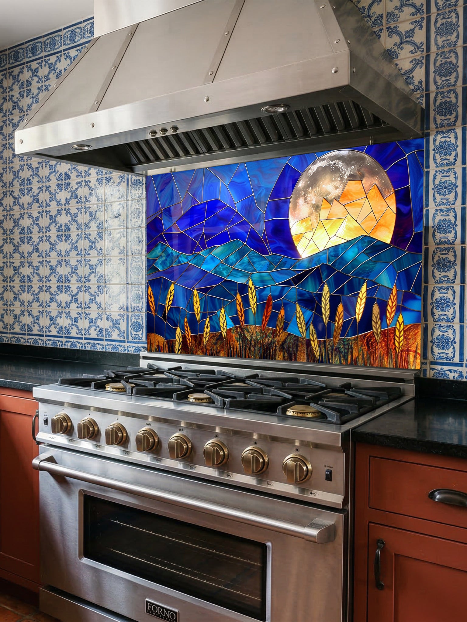 Stained glass style landscape featuring deep blue mountains, a glowing full moon, and golden wheat, UV printed on a smooth tempered glass kitchen backsplash.
