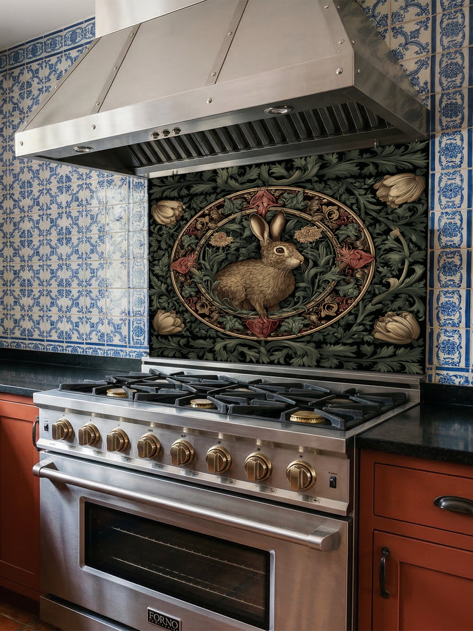 Tempered glass kitchen backsplash featuring a vintage-style dark botanical design with an ornate circular floral frame enclosing a classic illustration of a brown woodland hare, installed behind a modern stainless steel stove.