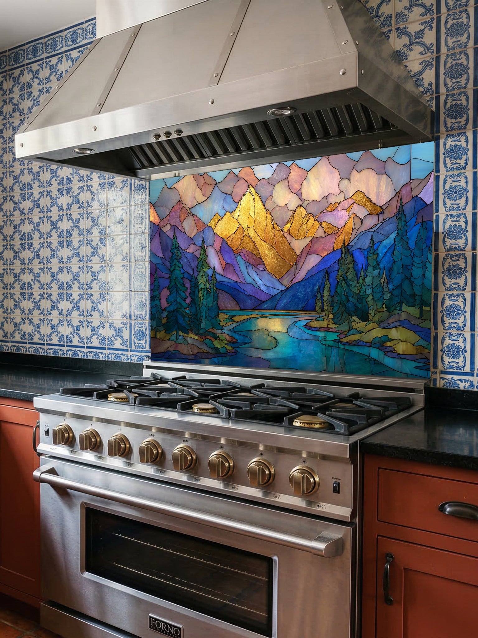 A cozy kitchen featuring a tempered glass backsplash with a beautiful stained glass effect landscape, showcasing majestic mountains, pine trees, and a winding river at sunset, installed behind a modern stainless steel stove.
