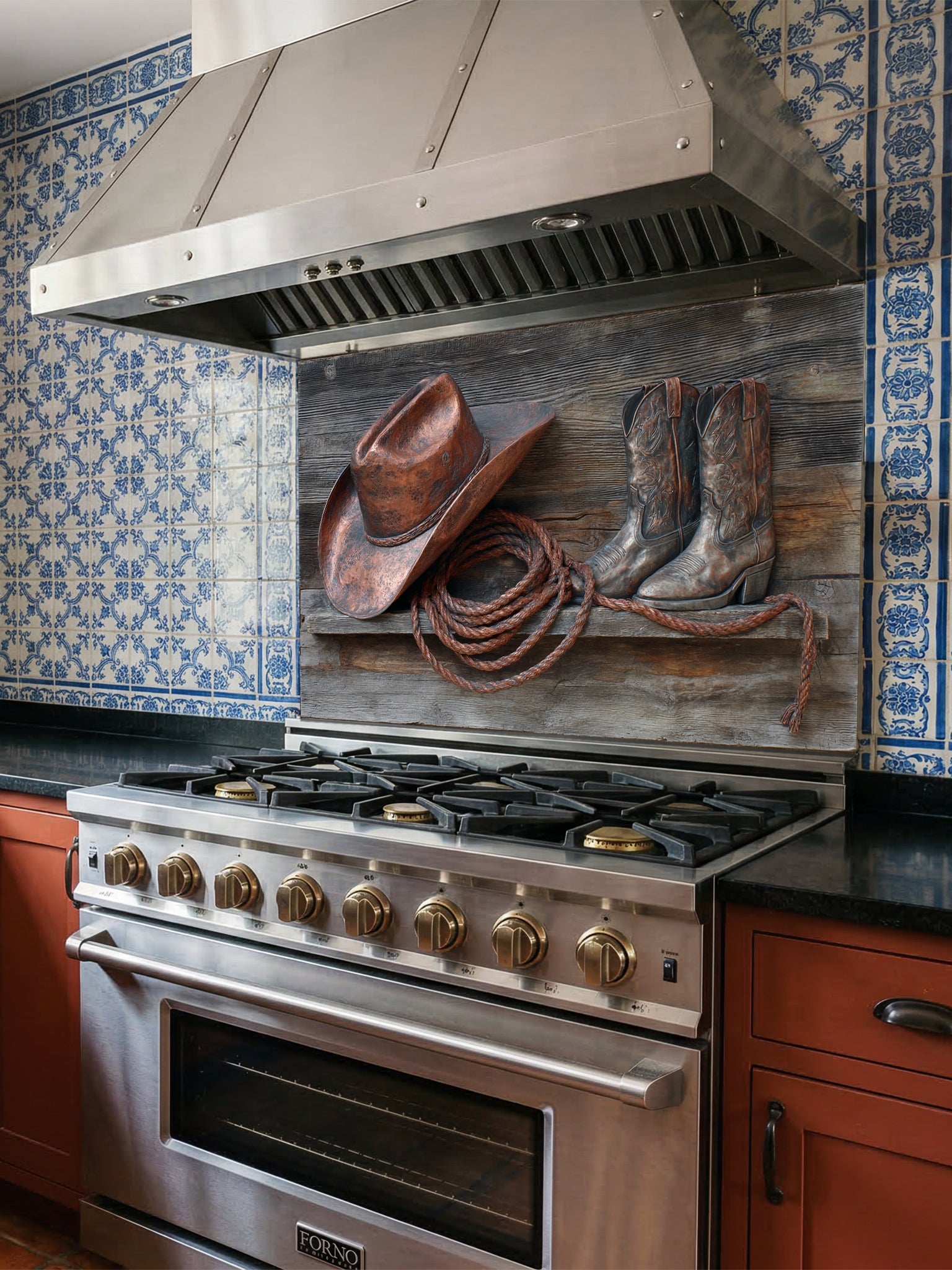 Tempered glass kitchen backsplash featuring a highly realistic 3D illusion of a rustic wooden shelf displaying a copper cowboy hat, worn leather boots, and a lasso rope against a weathered barn wood background, installed behind a modern black stove.