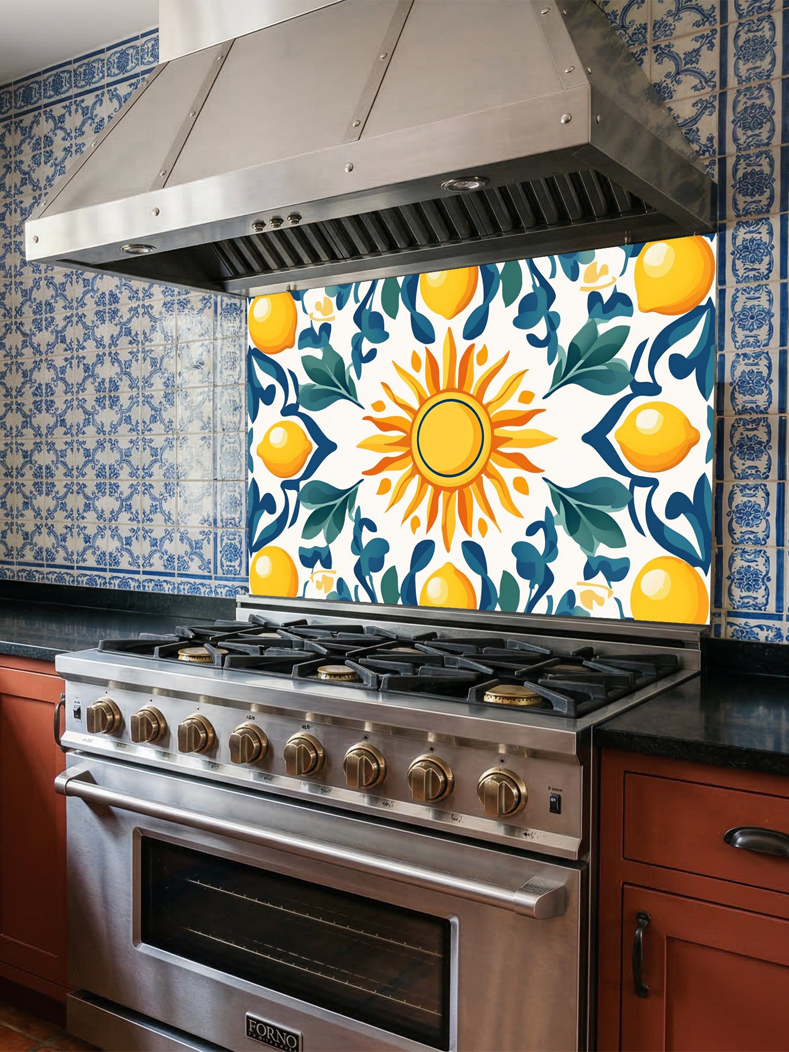 Vibrant Mediterranean Majolica style tile pattern featuring a central sun, yellow lemons, and teal leaves, UV printed on a smooth tempered glass kitchen backsplash.