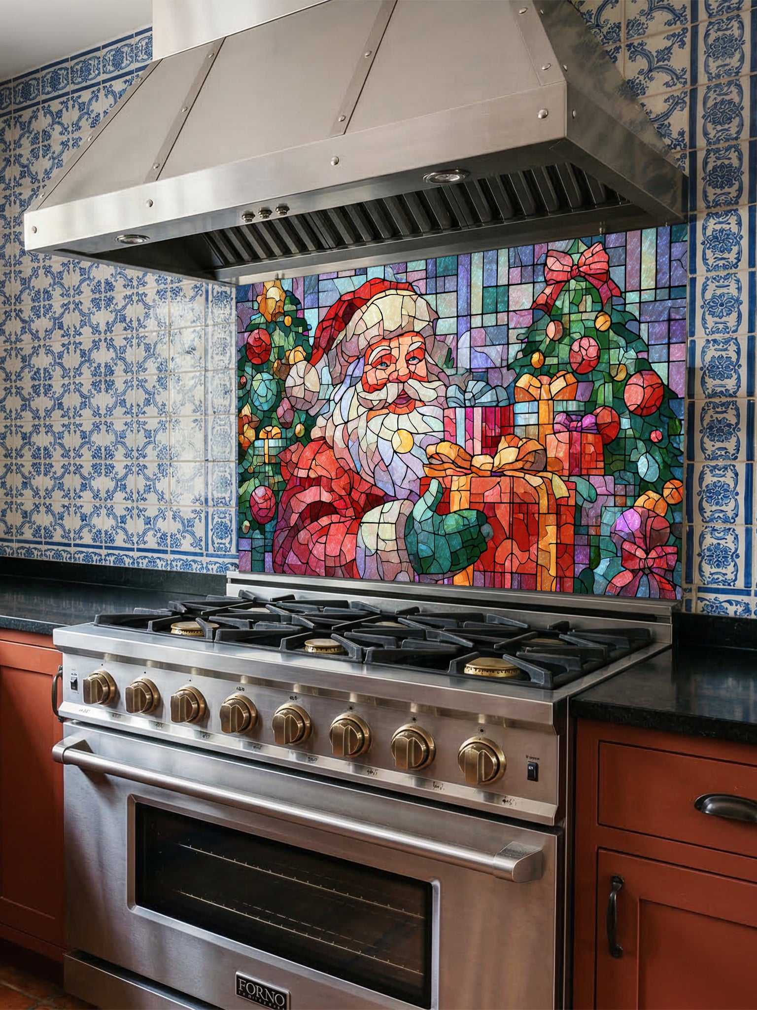 Tempered glass kitchen backsplash featuring a highly realistic 3D illusion of mosaic stained glass art showing a cheerful Santa Claus holding a wrapped gift, surrounded by green Christmas trees and colorful presents against a tiled blue and purple background, installed behind a modern black stove.
