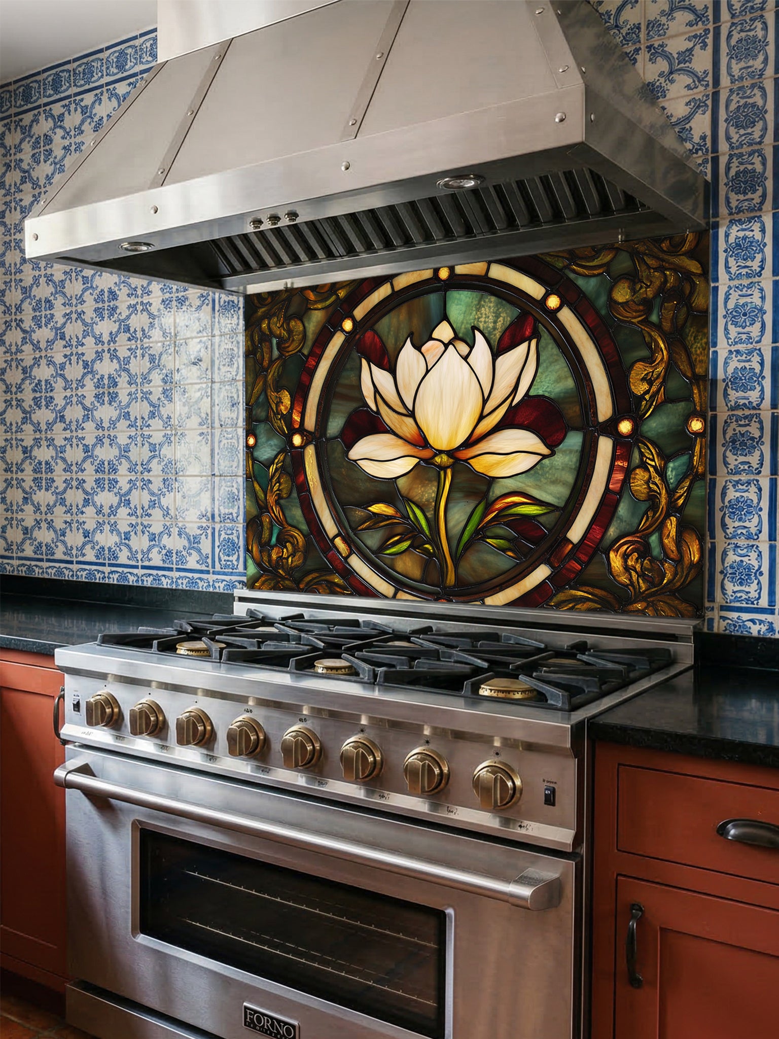 Tempered glass kitchen backsplash featuring a highly realistic faux stained glass design of a central white lotus flower surrounded by intricate Art Nouveau vines in rich emerald green and glowing amber tones, installed behind a modern stainless steel stove.