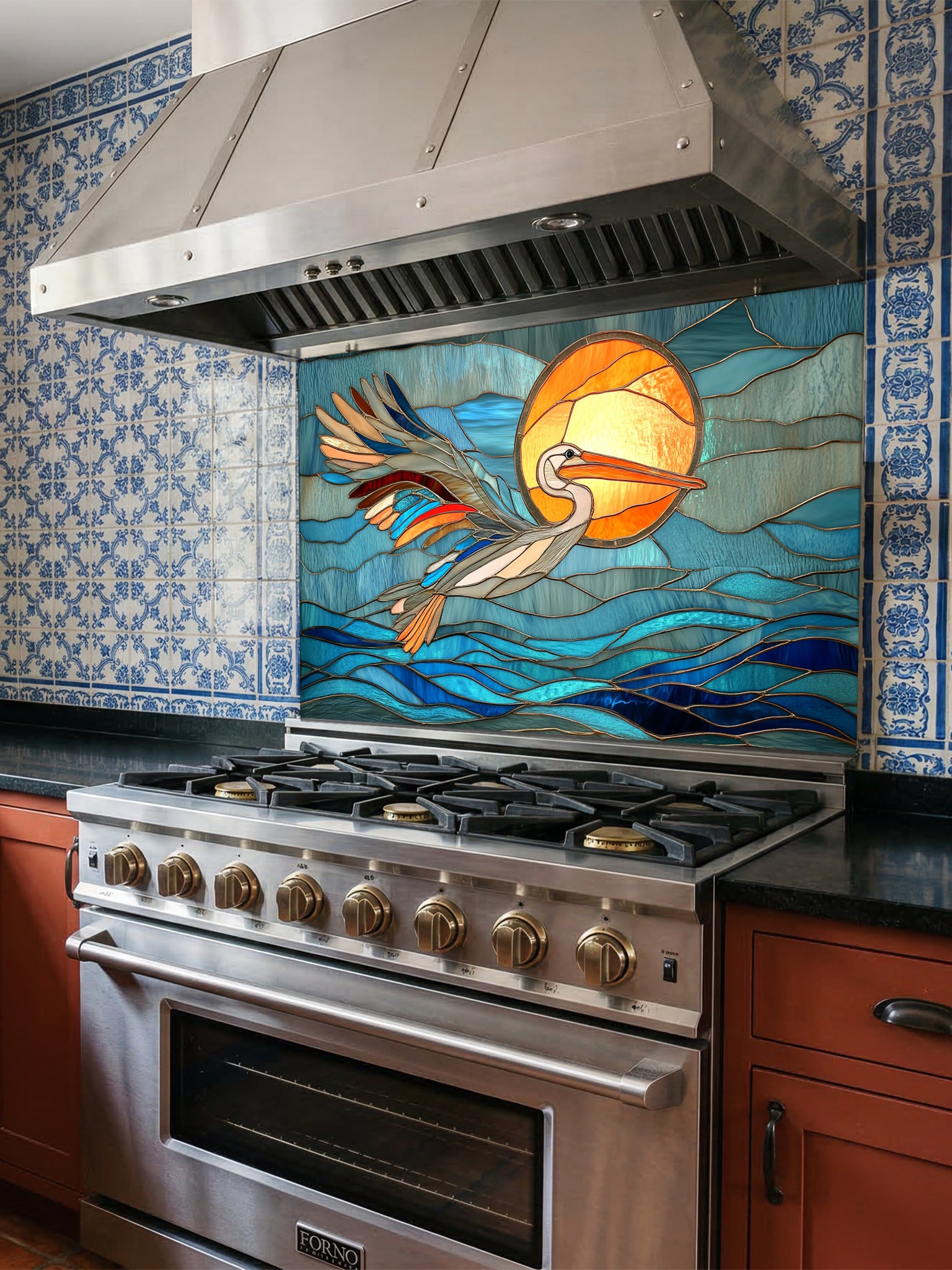Stained glass style pelican flying over blue ocean waves and a bright sun, UV printed on tempered glass kitchen backsplash, installed behind a modern stove.