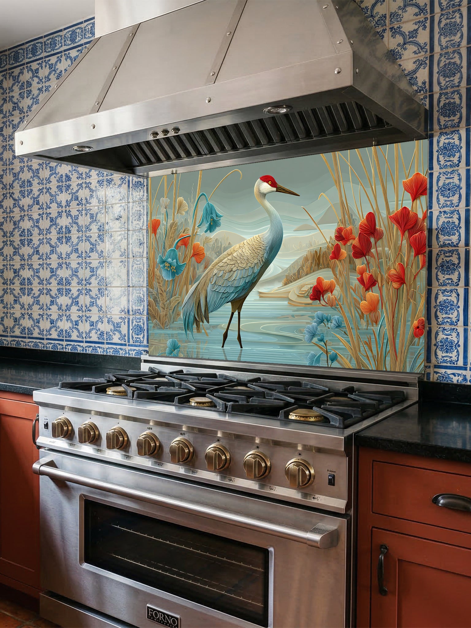 Tempered glass kitchen backsplash featuring a highly realistic illustrative design of a majestic crane standing in water among stylized red poppies and bluebell flowers against a sage green sky, installed behind a modern black stove.