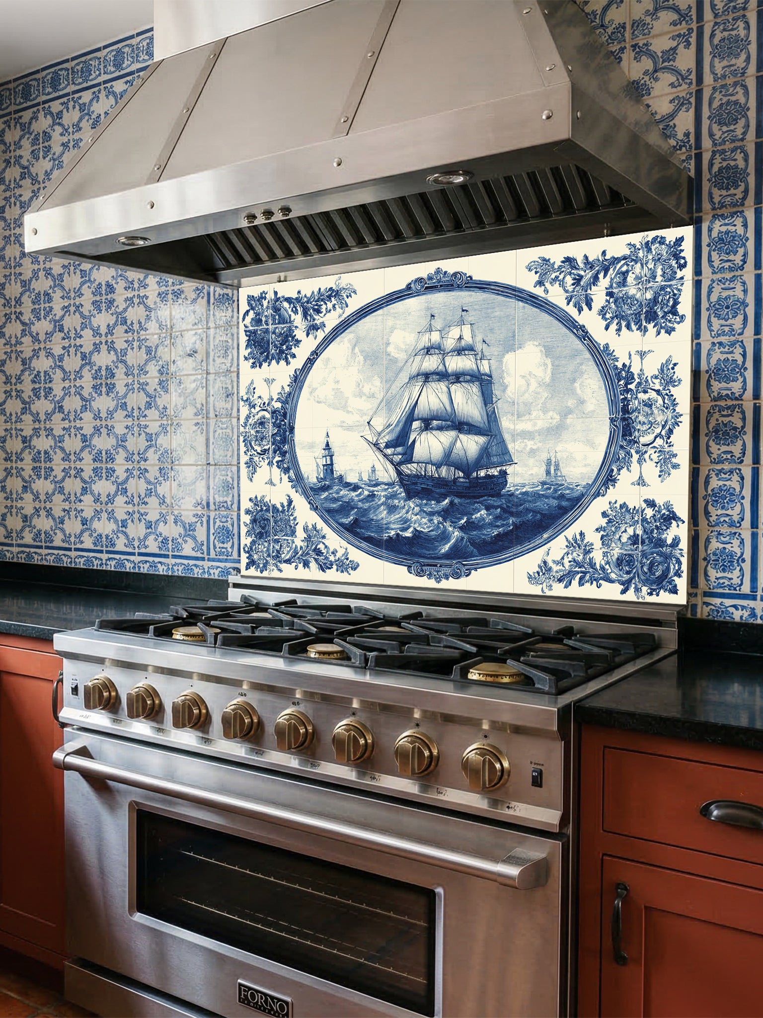 Faux blue and white Portuguese Azulejo tile mural featuring a classic sailing ship on the ocean, UV printed on a smooth tempered glass kitchen backsplash.