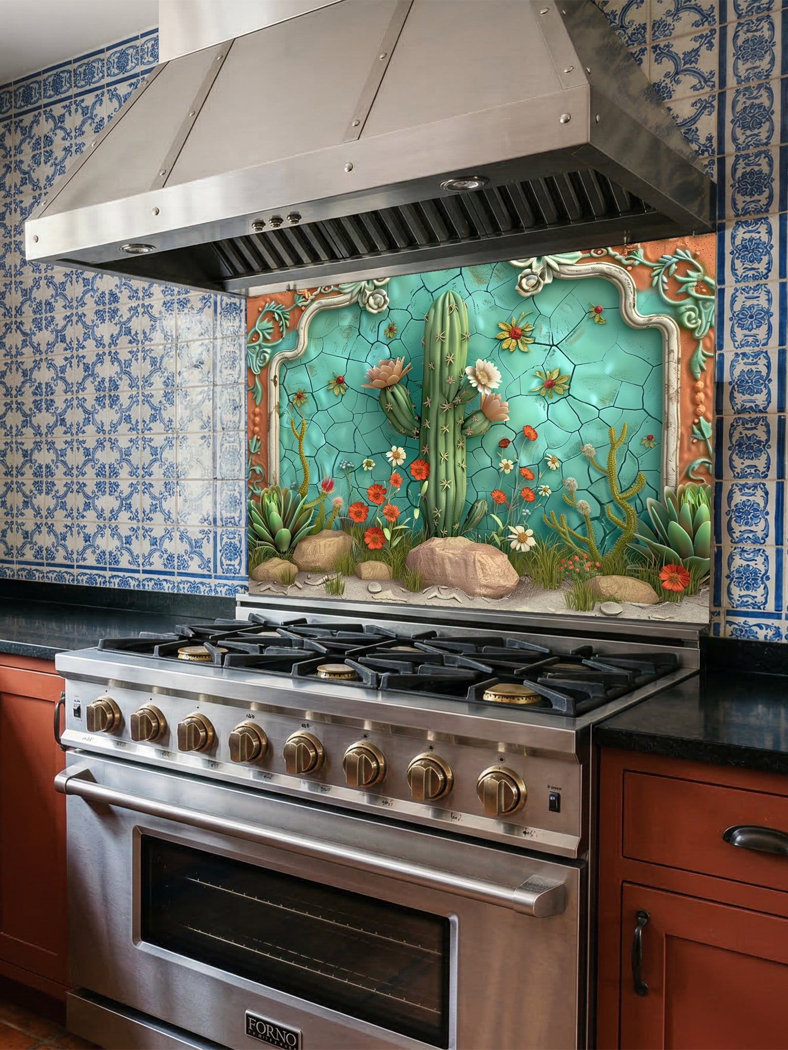 Faux 3D sculpted relief of a desert scene with a Saguaro cactus, succulents, and a terracotta frame against a cracked turquoise ceramic background, UV printed on a smooth tempered glass kitchen backsplash.