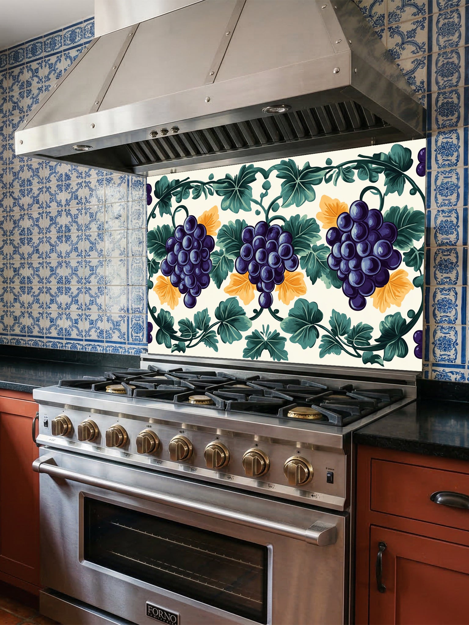 Traditional Mediterranean style faux tile pattern featuring purple grapes, green vine leaves, and yellow accents on a cream background, UV printed on a smooth tempered glass kitchen backsplash.