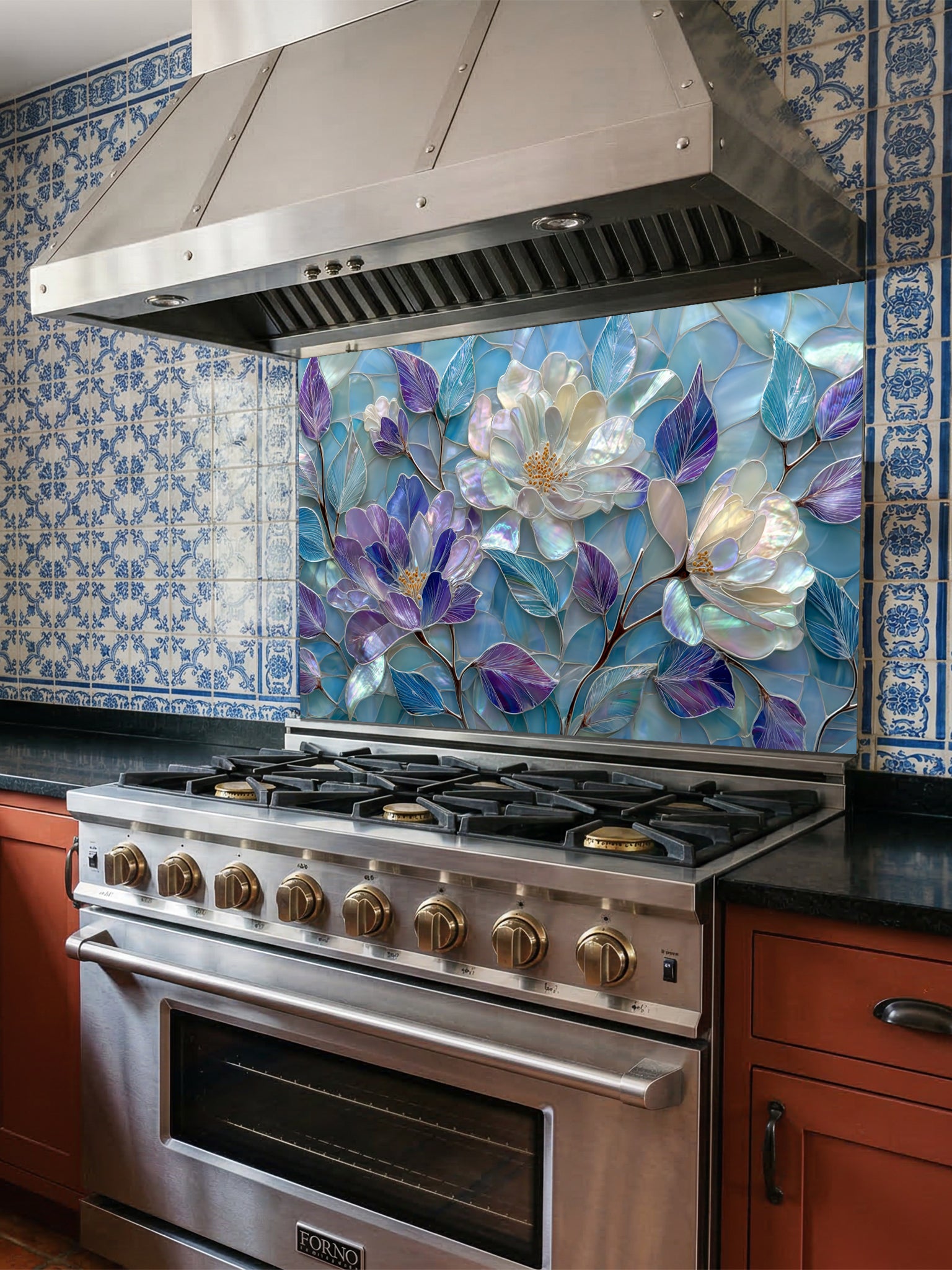 Tempered glass kitchen backsplash featuring a highly realistic 3D illusion of stained glass and mother-of-pearl mosaic art, showing large, elegant blooming flowers in iridescent shades of pearlescent white, lavender, and purple with flowing aqua blue leaves, installed behind a modern black stove.