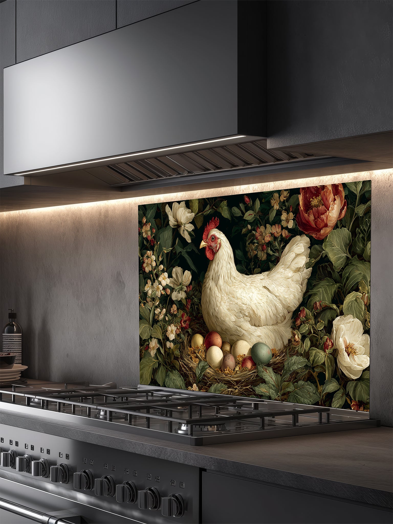Tempered glass kitchen backsplash featuring a vintage dark moody floral design with a white hen sitting on a nest of colorful eggs, installed behind a modern stainless steel stove.