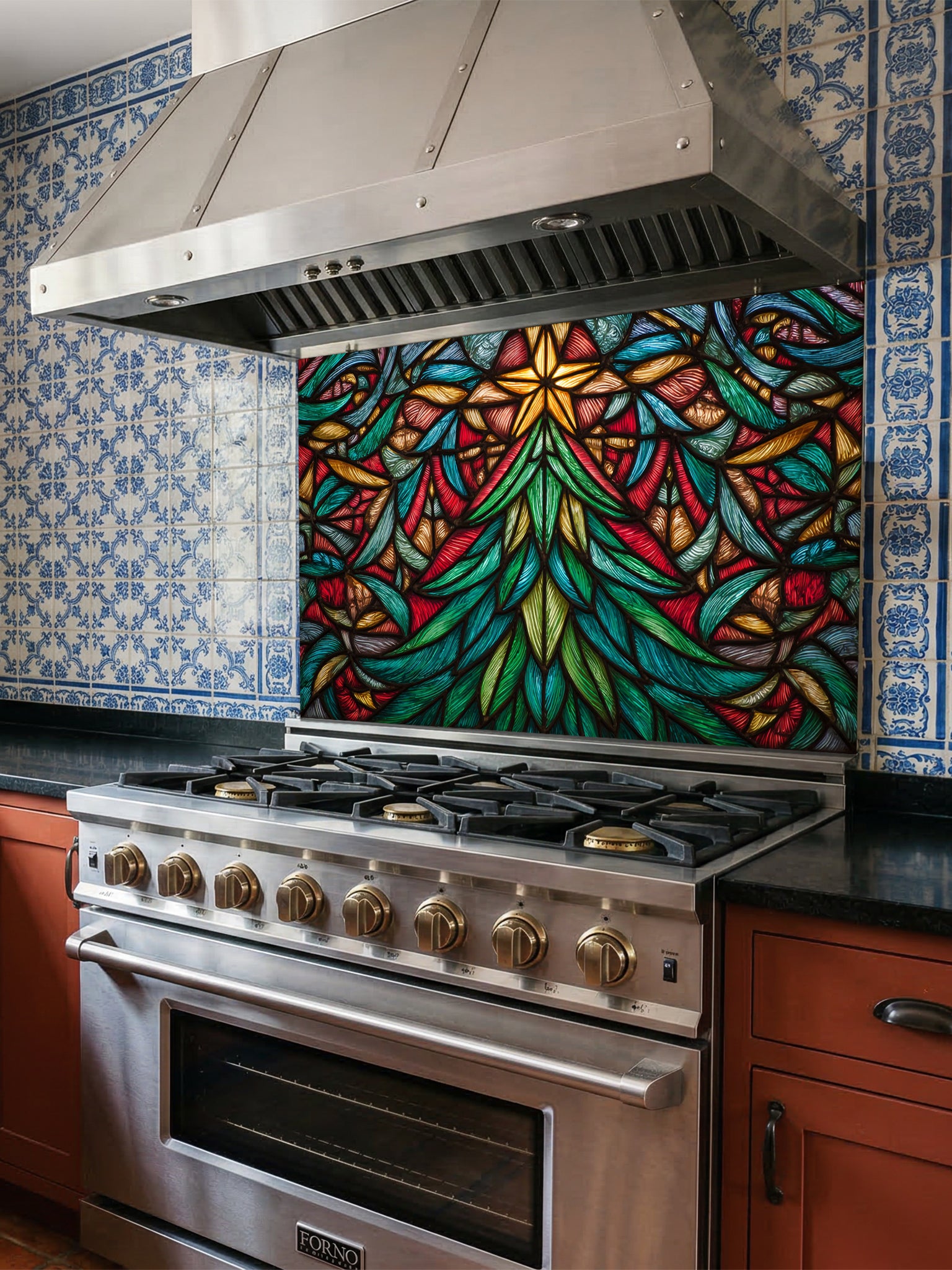 Tempered glass kitchen backsplash featuring a highly realistic 3D illusion of stained glass art showing a vibrant, symmetrical geometric Christmas tree with a glowing gold star at the top in rich jewel tones of emerald green, ruby red, and amber, installed behind a modern black stove.