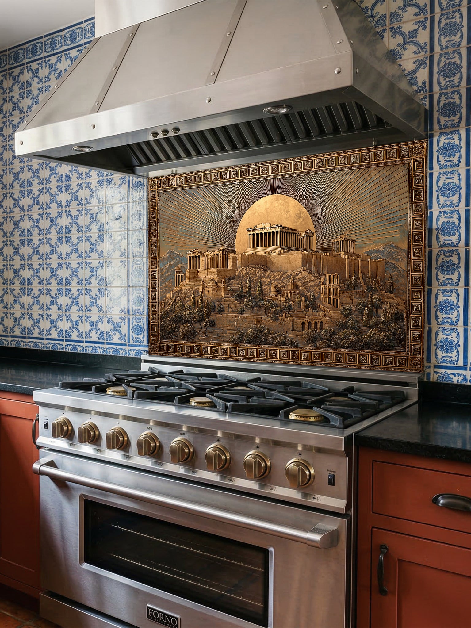 Faux 3D sculpted gold and bronze relief of the Ancient Greek Acropolis and Parthenon under a glowing moon, framed by a Greek key border, UV printed on a smooth tempered glass kitchen backsplash.