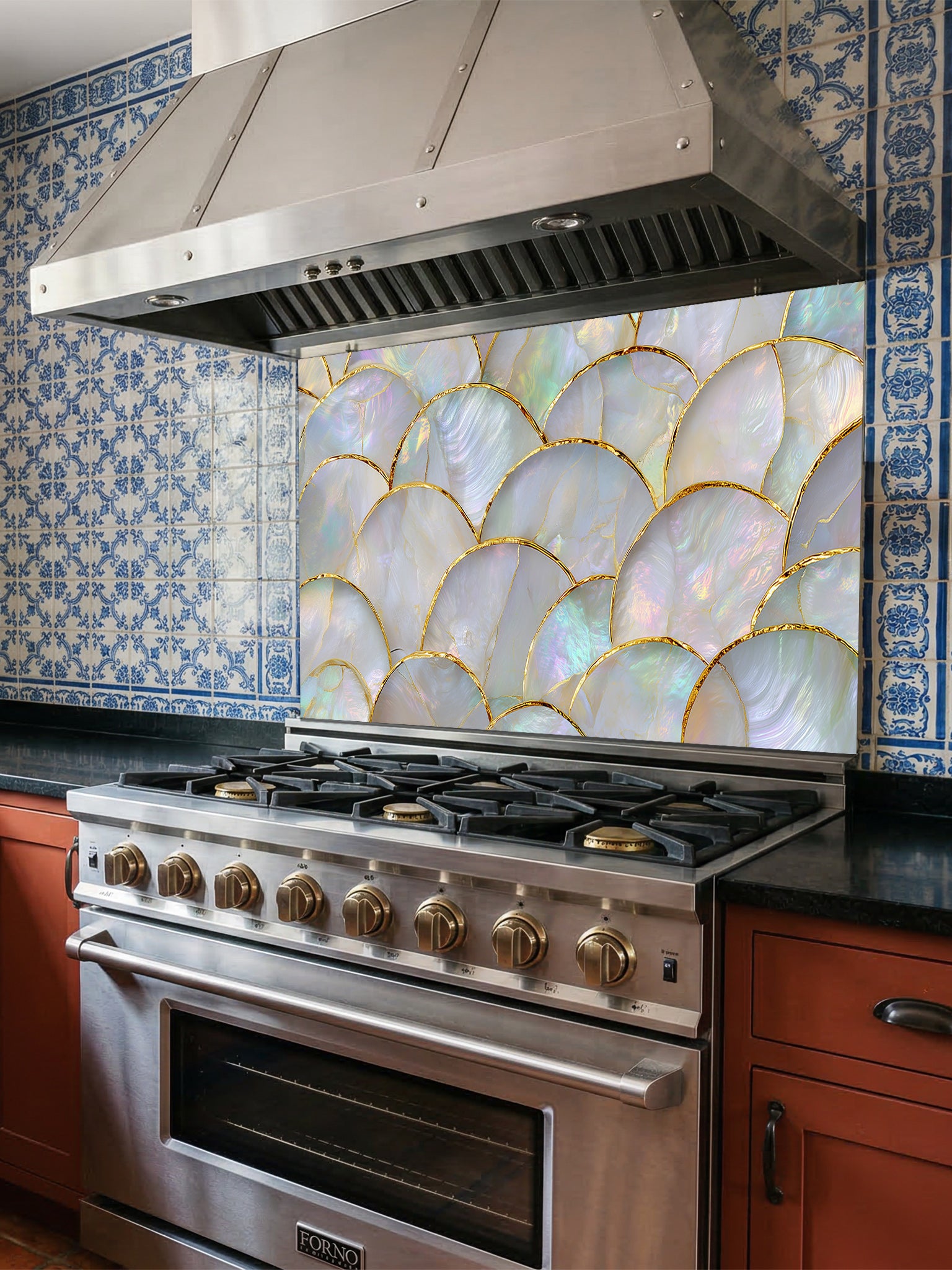Stainless steel oven with decorative glass splashback in a kitchen setting