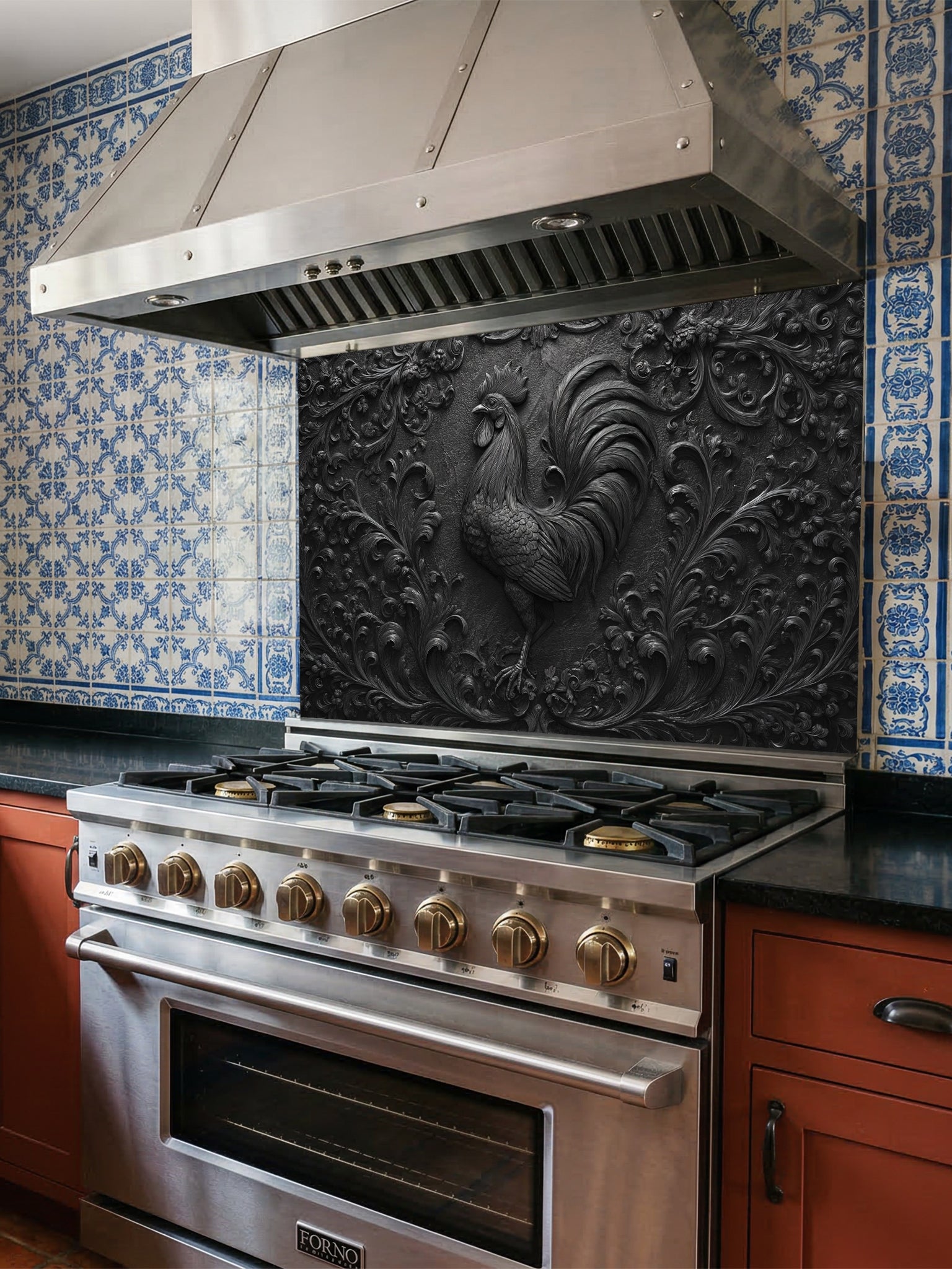 Faux 3D sculpted dark slate and black cast iron relief of a majestic rooster and botanical motifs, UV printed on a smooth tempered glass kitchen backsplash.
