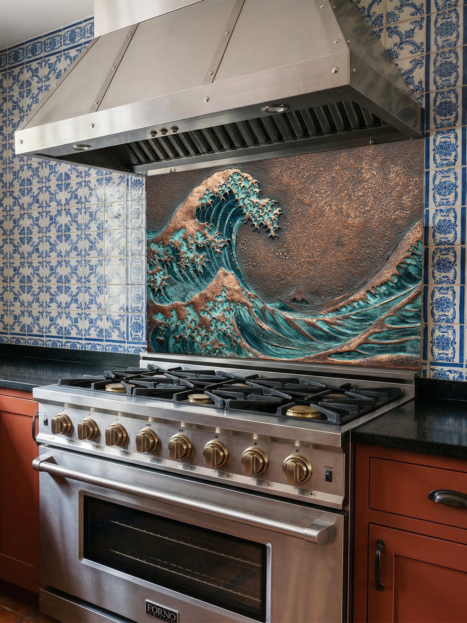 Faux 3D sculpted oxidized copper and bronze relief of the Great Wave off Kanagawa, featuring rich teal patina, UV printed on a smooth tempered glass kitchen backsplash.