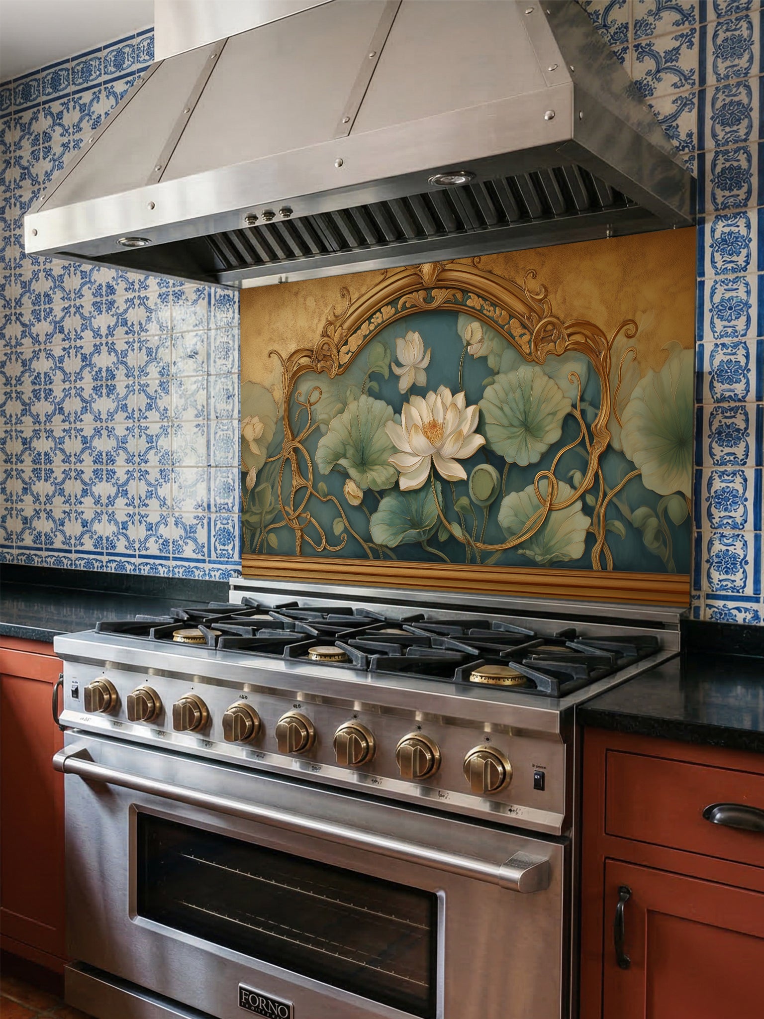 Tempered glass kitchen backsplash featuring a realistic 3D-effect ornate vintage gold frame enclosing a classic painting of white lotus flowers and lily pads on a teal background, installed behind a modern stainless steel stove.