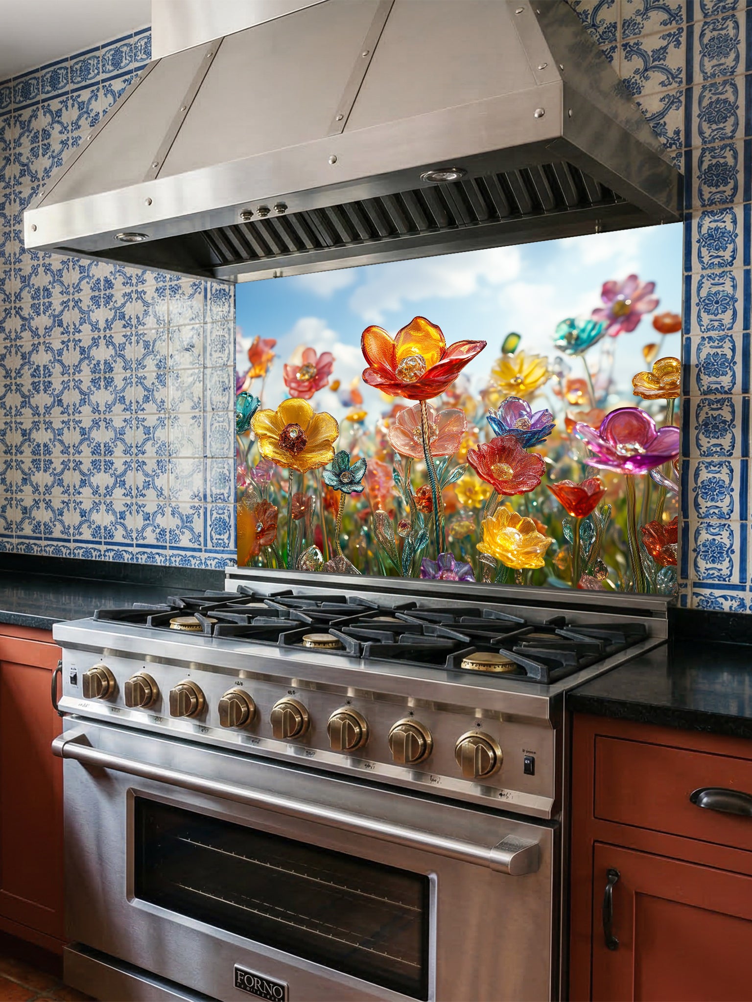 Tempered glass kitchen backsplash featuring a highly realistic 3D illusion of delicate blown glass wildflowers in vibrant translucent jewel tones against a bright blue sky, installed behind a modern stainless steel stove.
