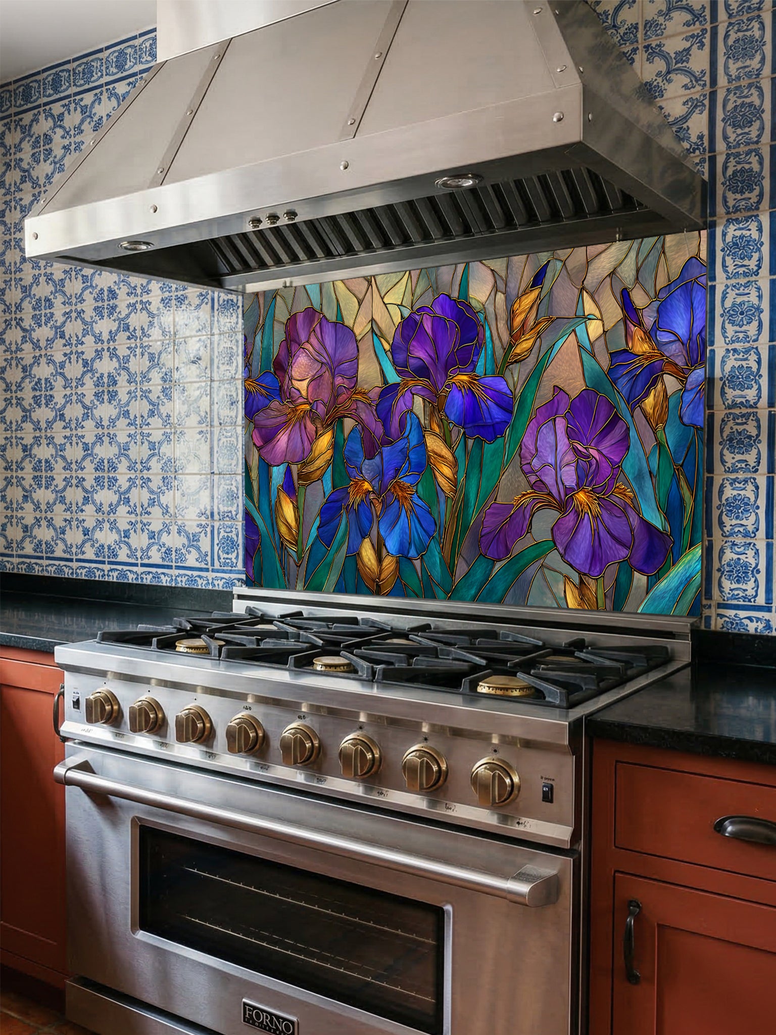 Tempered glass kitchen backsplash featuring an elegant faux stained glass design of vibrant purple and blue Iris flowers with green leaves and elegant gold outlines, installed behind a modern stainless steel stove.