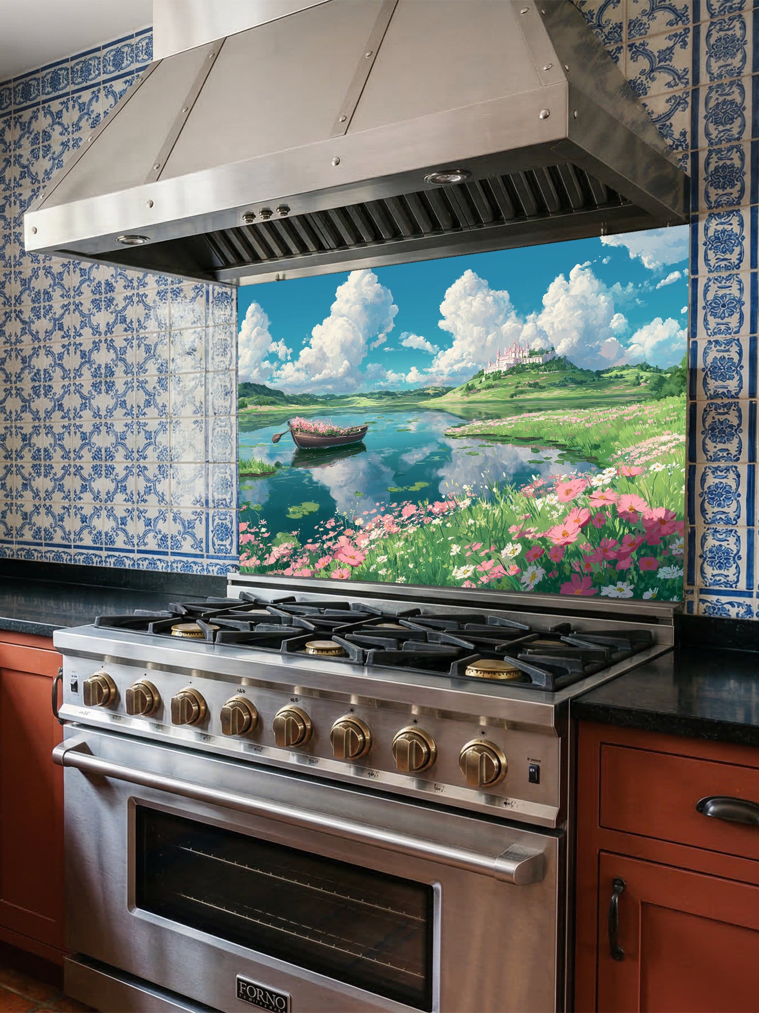 Anime style vibrant summer landscape with fluffy white clouds, a blue lake, a flower-filled boat, and pink cosmos flowers, UV printed on a smooth tempered glass kitchen backsplash.