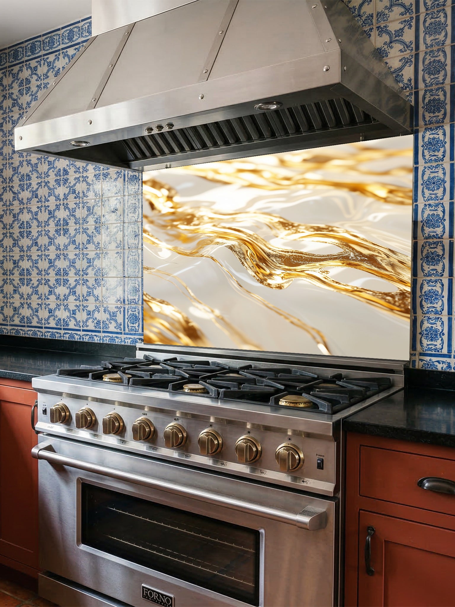 Stainless steel oven with decorative backsplash in a kitchen setting