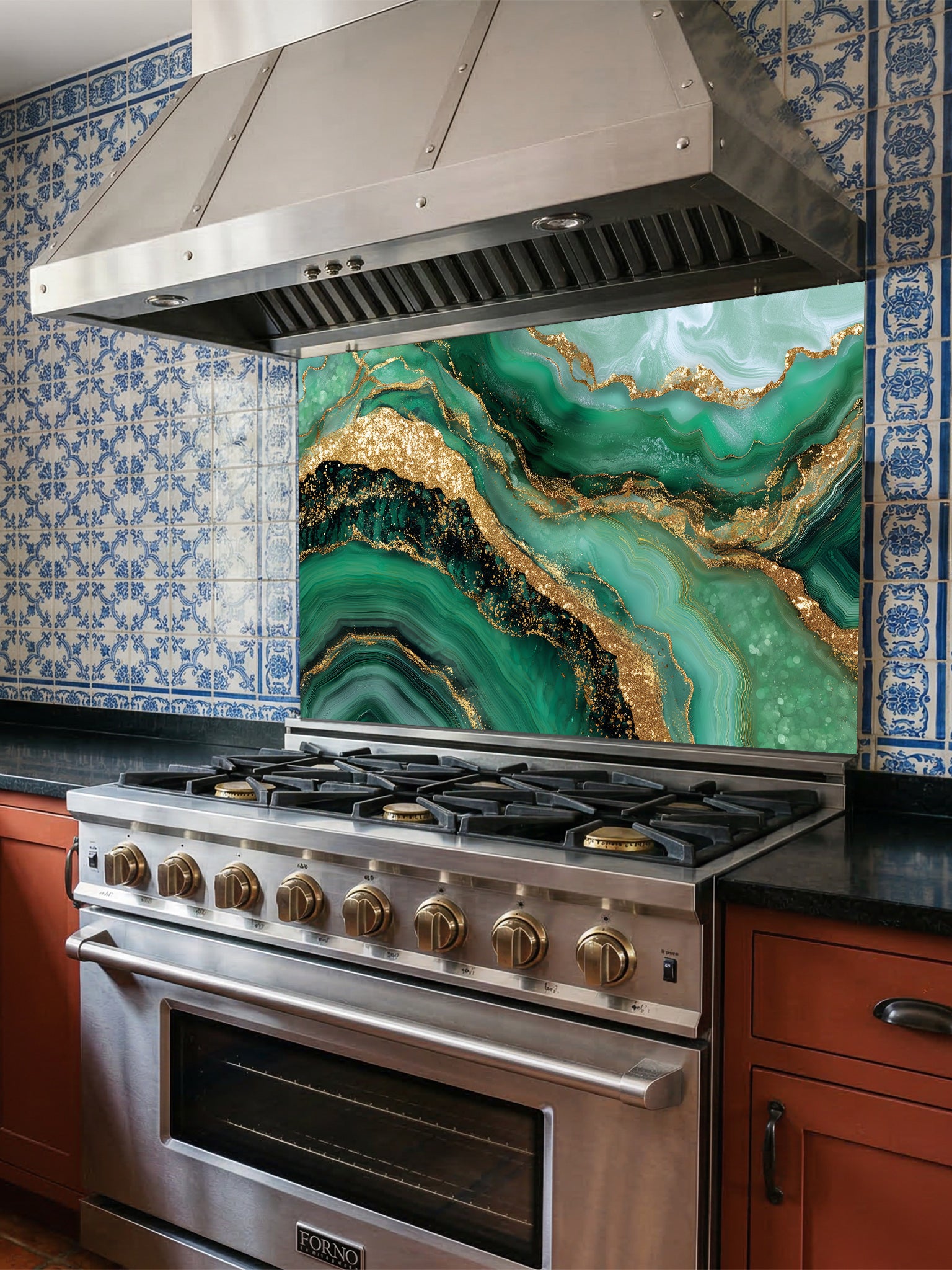 Tempered glass kitchen backsplash featuring a highly realistic illusion of emerald green and gold agate fluid art with faux glitter veins, installed behind a modern stainless steel stove.