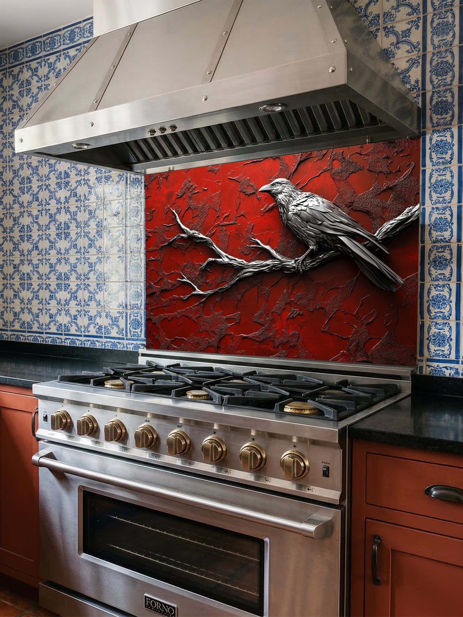 Tempered glass kitchen backsplash featuring a highly realistic 3D illusion of a sculpted metallic black raven perched on a bare branch against a heavily textured, distressed crimson red wall, installed behind a modern black stove.