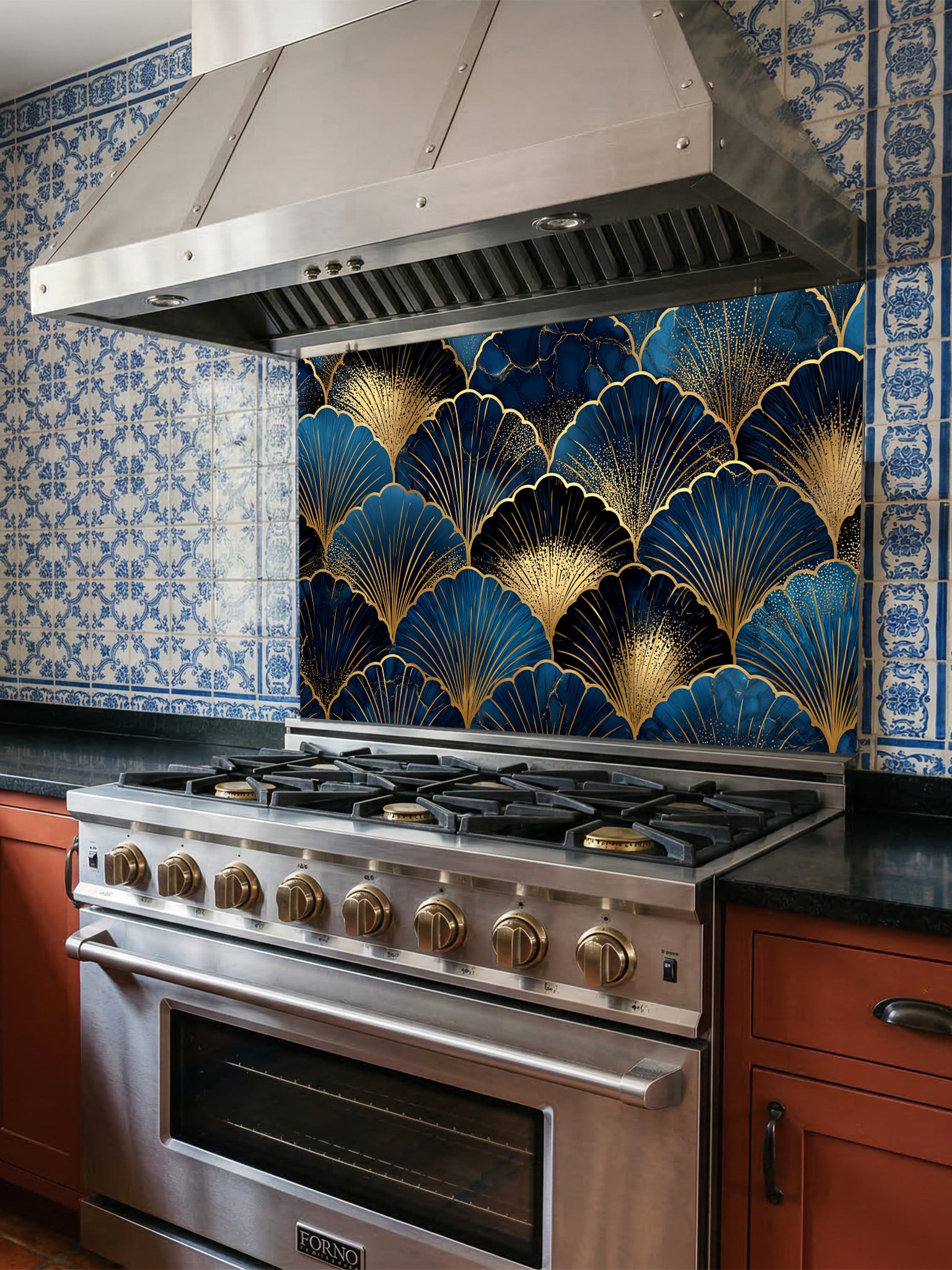 Elegant Art Deco geometric scalloped fan pattern in deep navy blue and gold, UV printed on a smooth tempered glass kitchen backsplash, installed behind a modern stove.