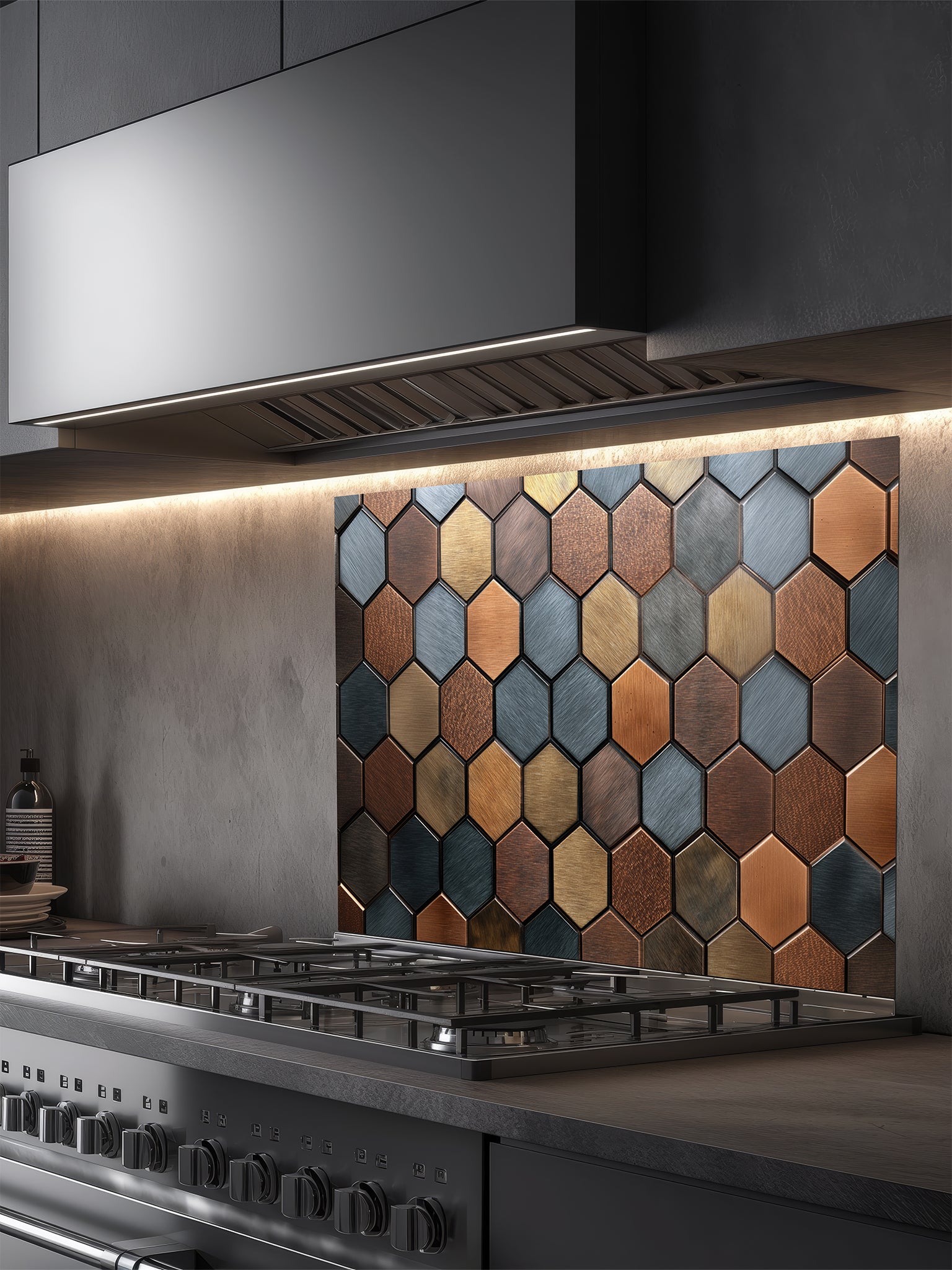 Tempered glass kitchen backsplash featuring a modern metallic hexagon honeycomb pattern in rich copper, bronze, and slate blue tones, installed behind a stainless steel stove.