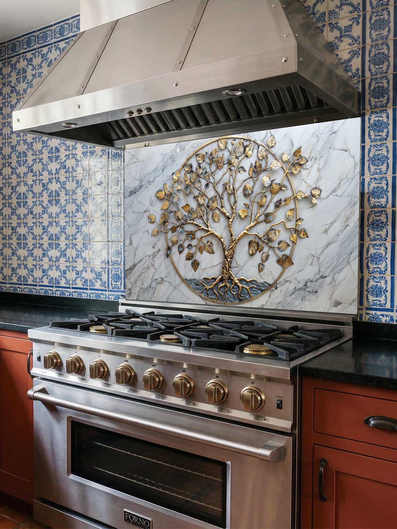 Faux 3D effect gold metal Tree of Life sculpture on an elegant white marble background, UV printed on a smooth tempered glass kitchen backsplash, installed behind a modern stove.