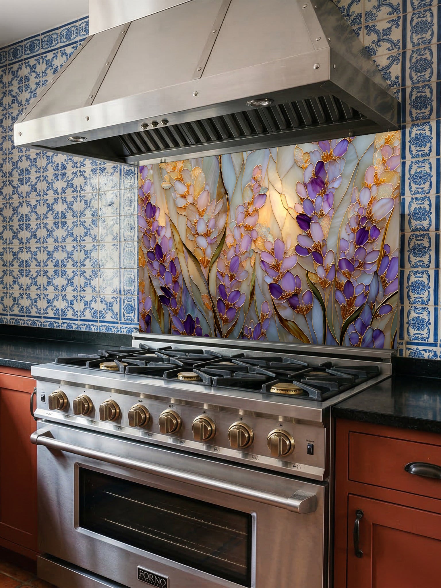 Tempered glass kitchen backsplash featuring a highly realistic 3D illusion of Art Nouveau stained glass art showing elegant, sweeping clusters of purple lavender and lilac blossoms with green leaves outlined in gold against a warm amber background, installed behind a modern black stove.