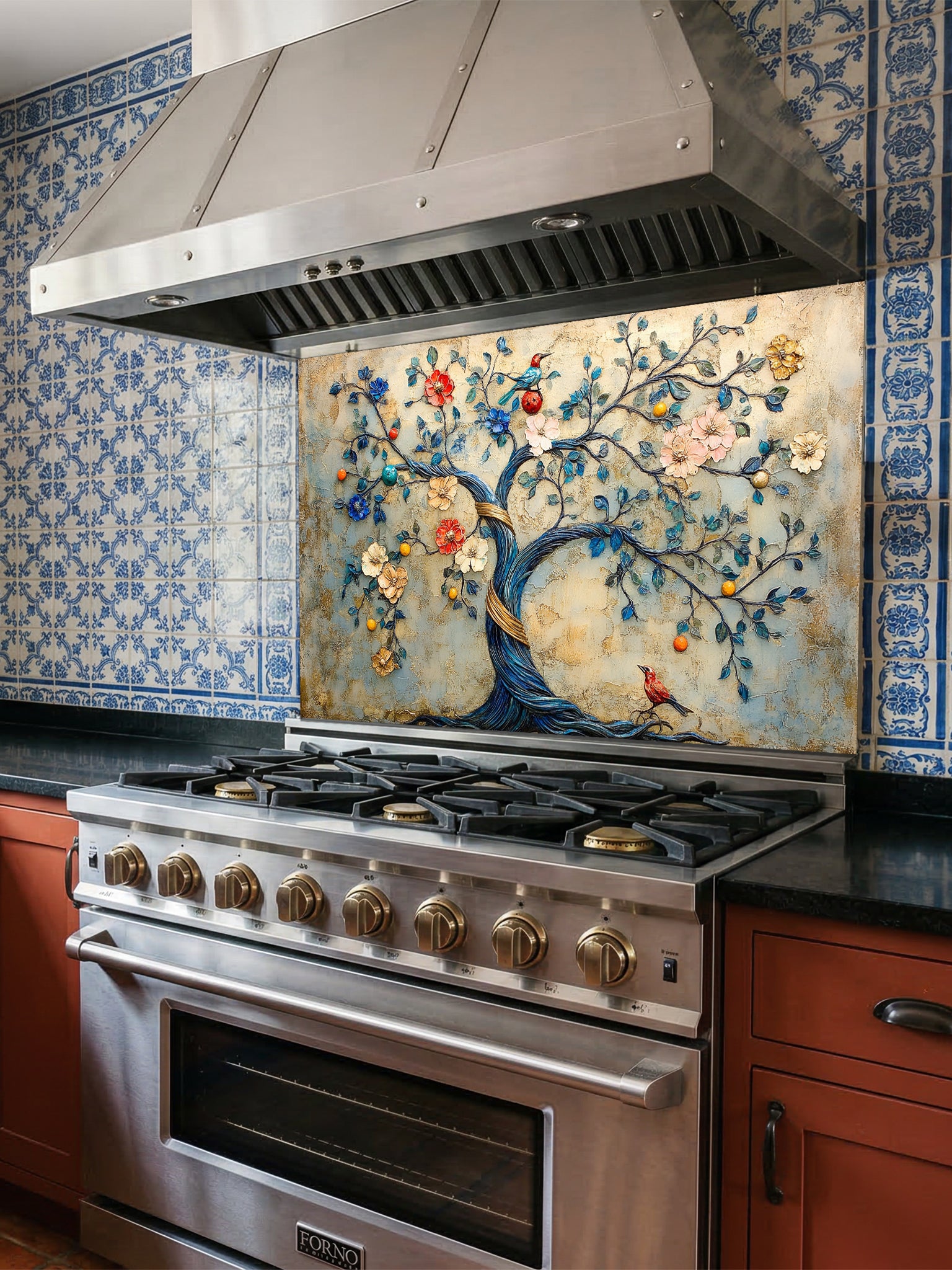 Tempered glass kitchen backsplash featuring a highly realistic 3D illusion of an embossed bas-relief sculpture showing an enchanted tree with a twisting blue trunk, colorful blooming flowers, and perched birds against a textured vintage golden-beige background, installed behind a modern black stove.