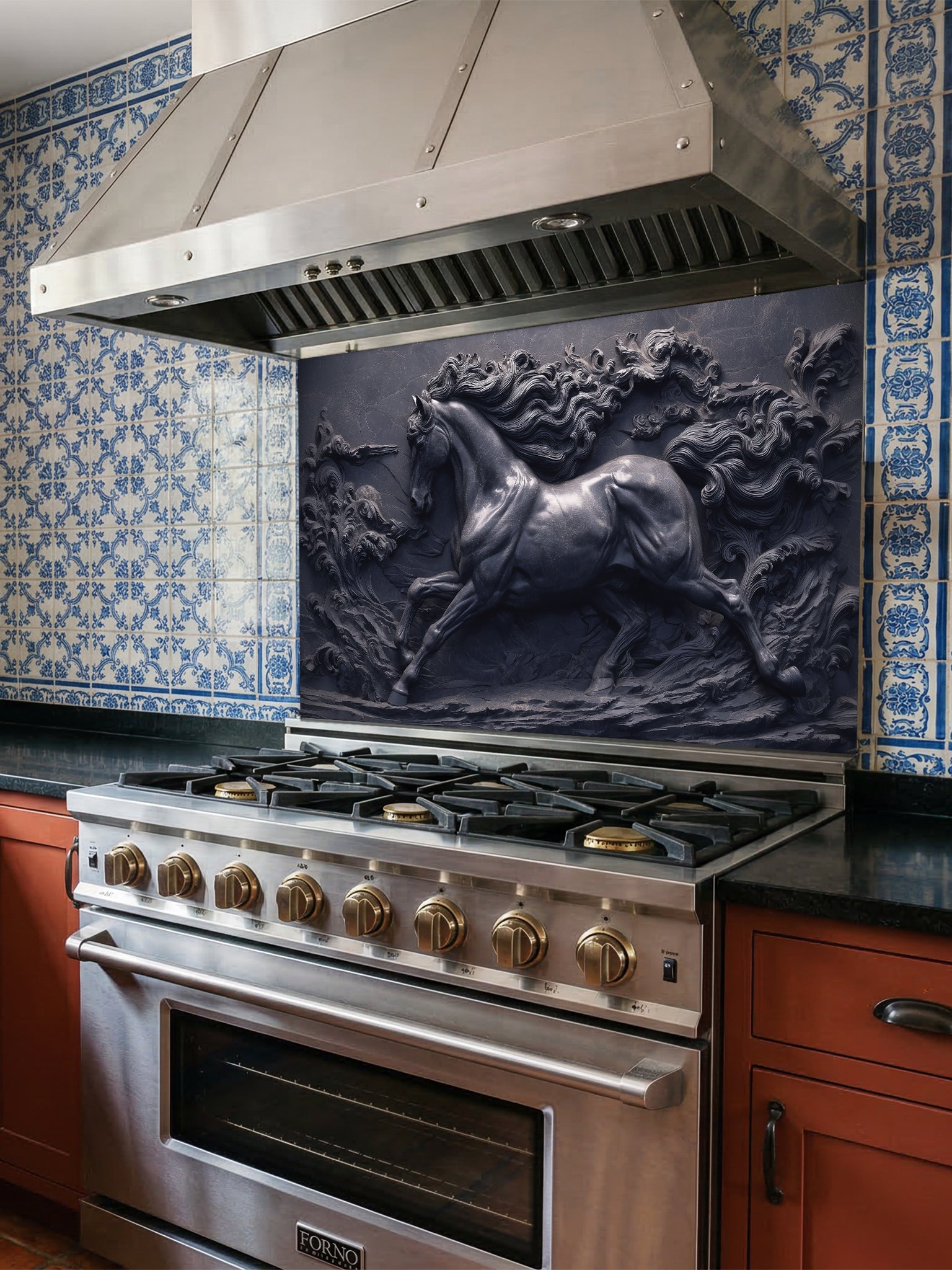 Faux 3D sculpted dark slate and black cast iron relief of a majestic galloping horse through swirling waves, UV printed on a smooth tempered glass kitchen backsplash.