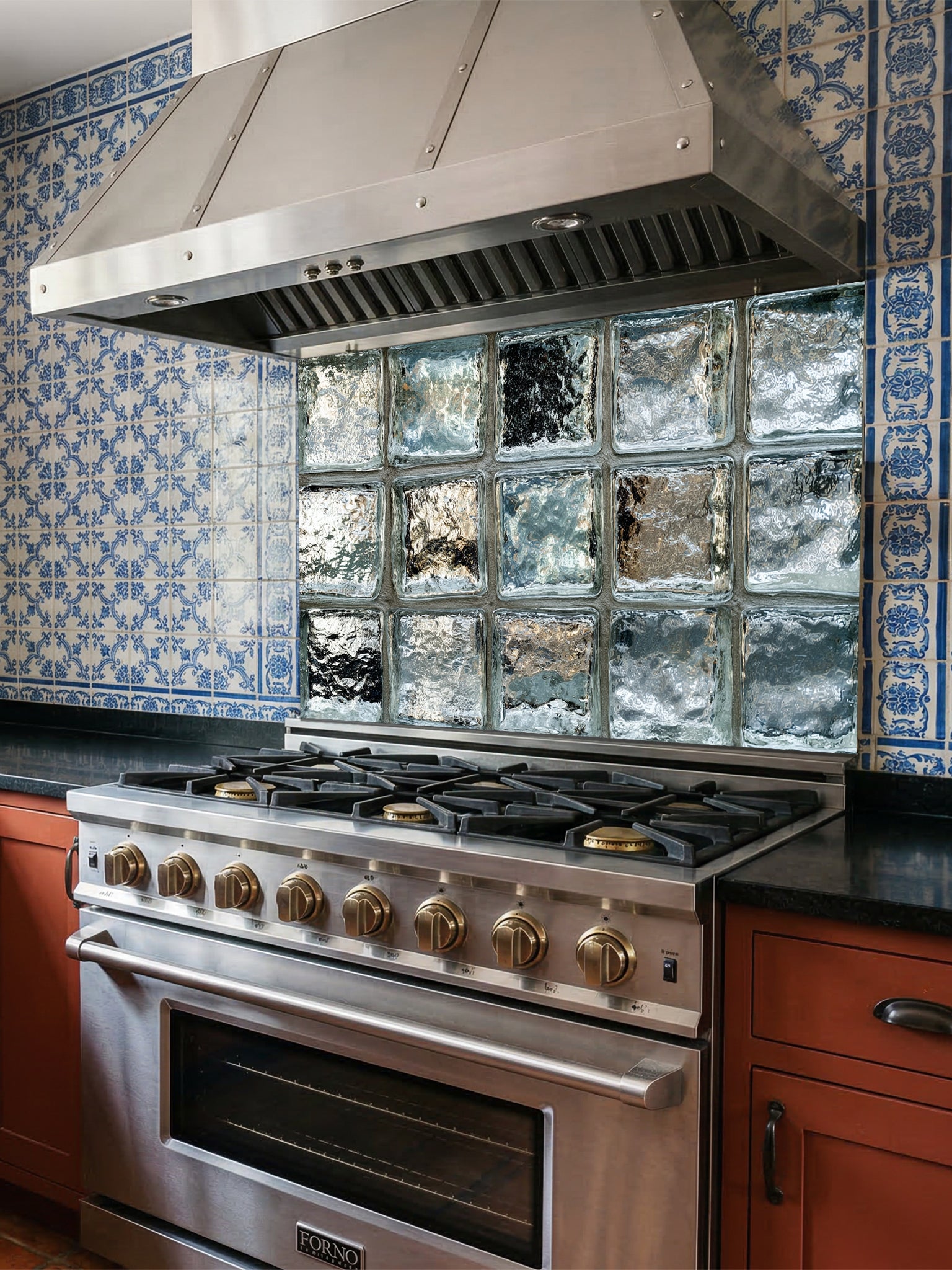 Tempered glass kitchen backsplash featuring a highly realistic 3D illusion of classic architectural clear glass blocks with authentic wavy, ice-like textures and sleek silver-grey reflections, installed behind a modern black stove.