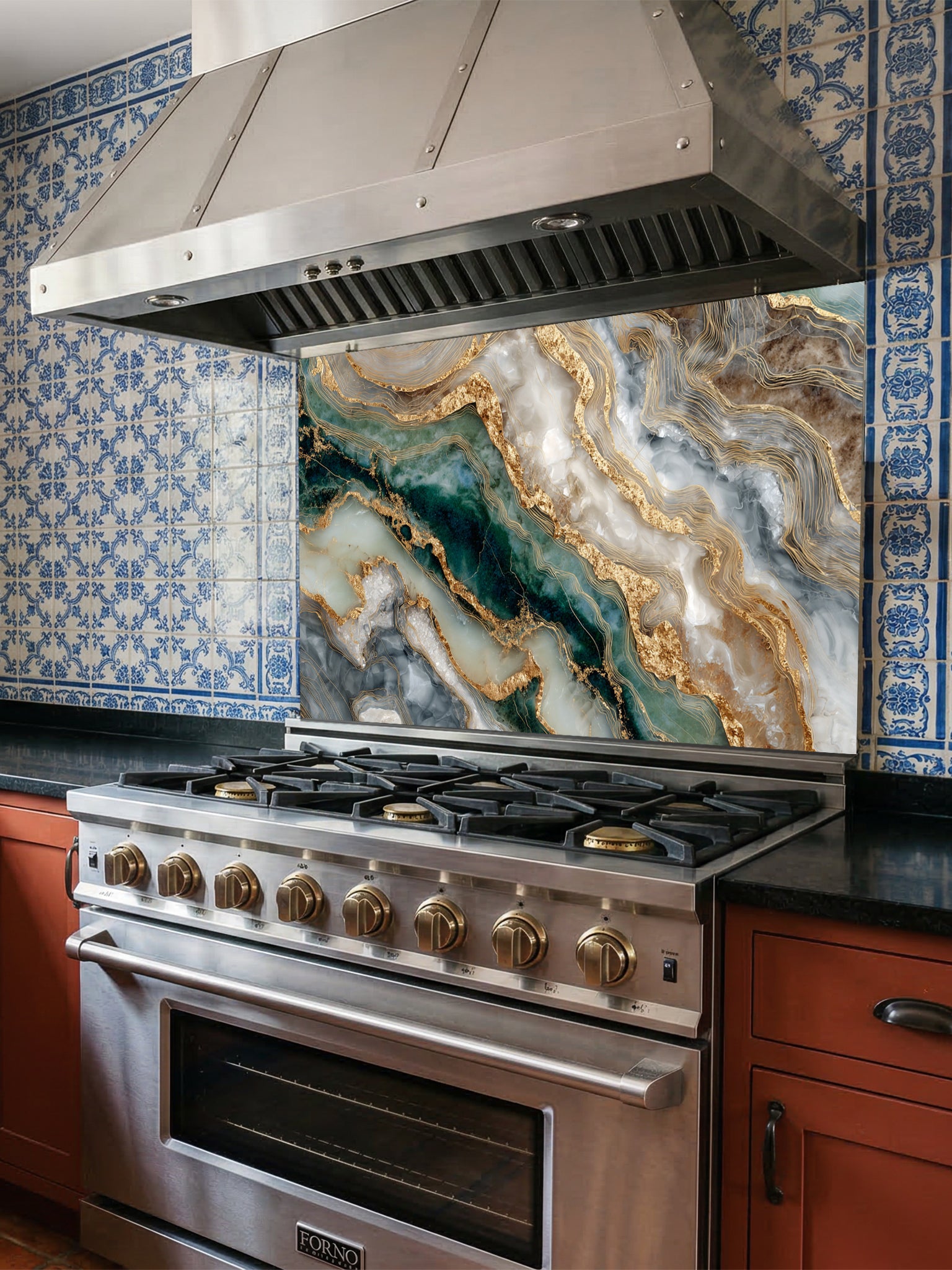 Faux fluid art epoxy resin pattern featuring deep malachite green, white, and striking 3D-looking liquid gold Kintsugi veins, UV printed on a smooth tempered glass kitchen backsplash.