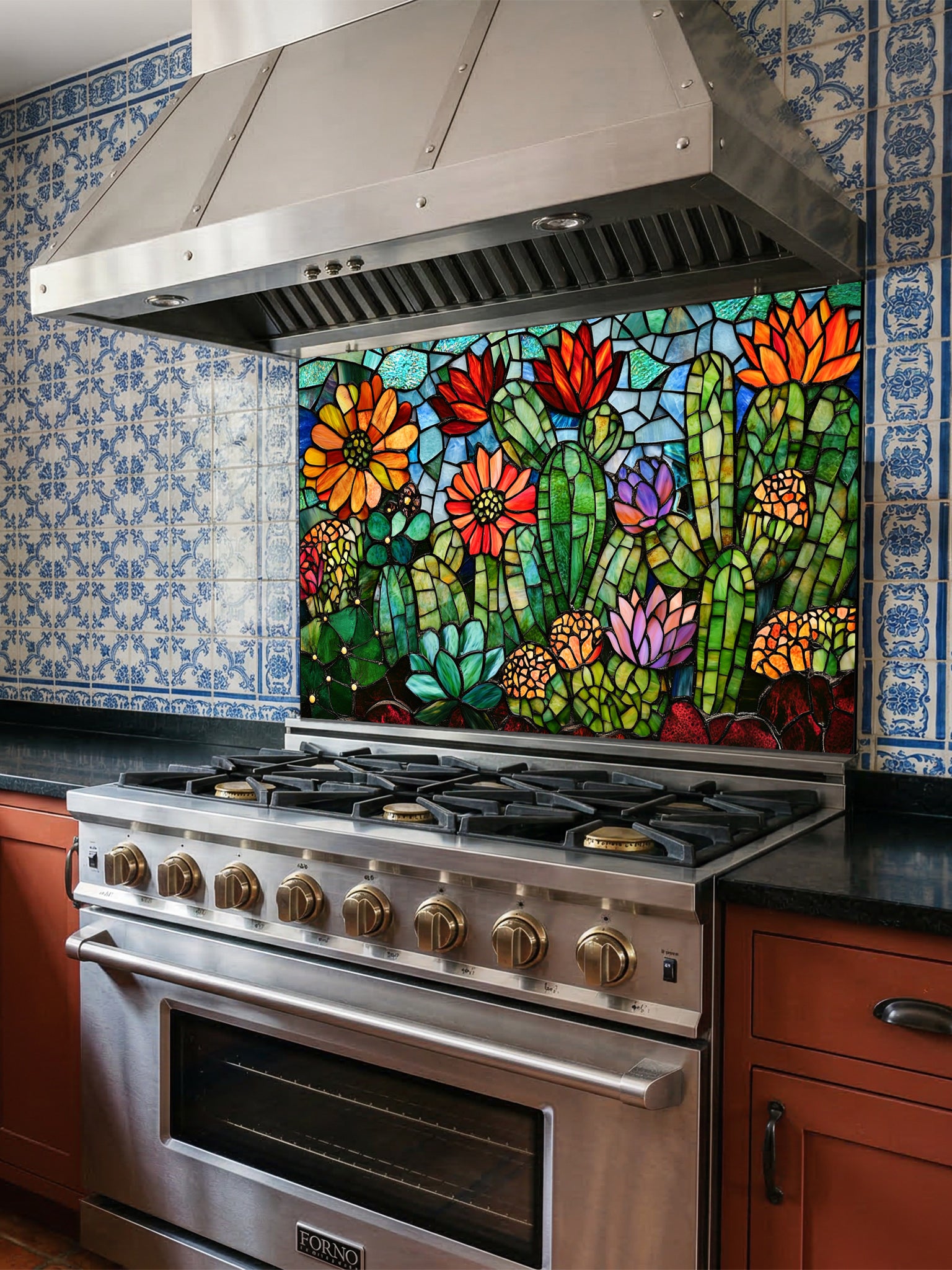 Stained glass style vibrant green cacti with blooming orange, red, and pink flowers in a desert landscape, UV printed on a smooth tempered glass kitchen backsplash, installed behind a modern stove.