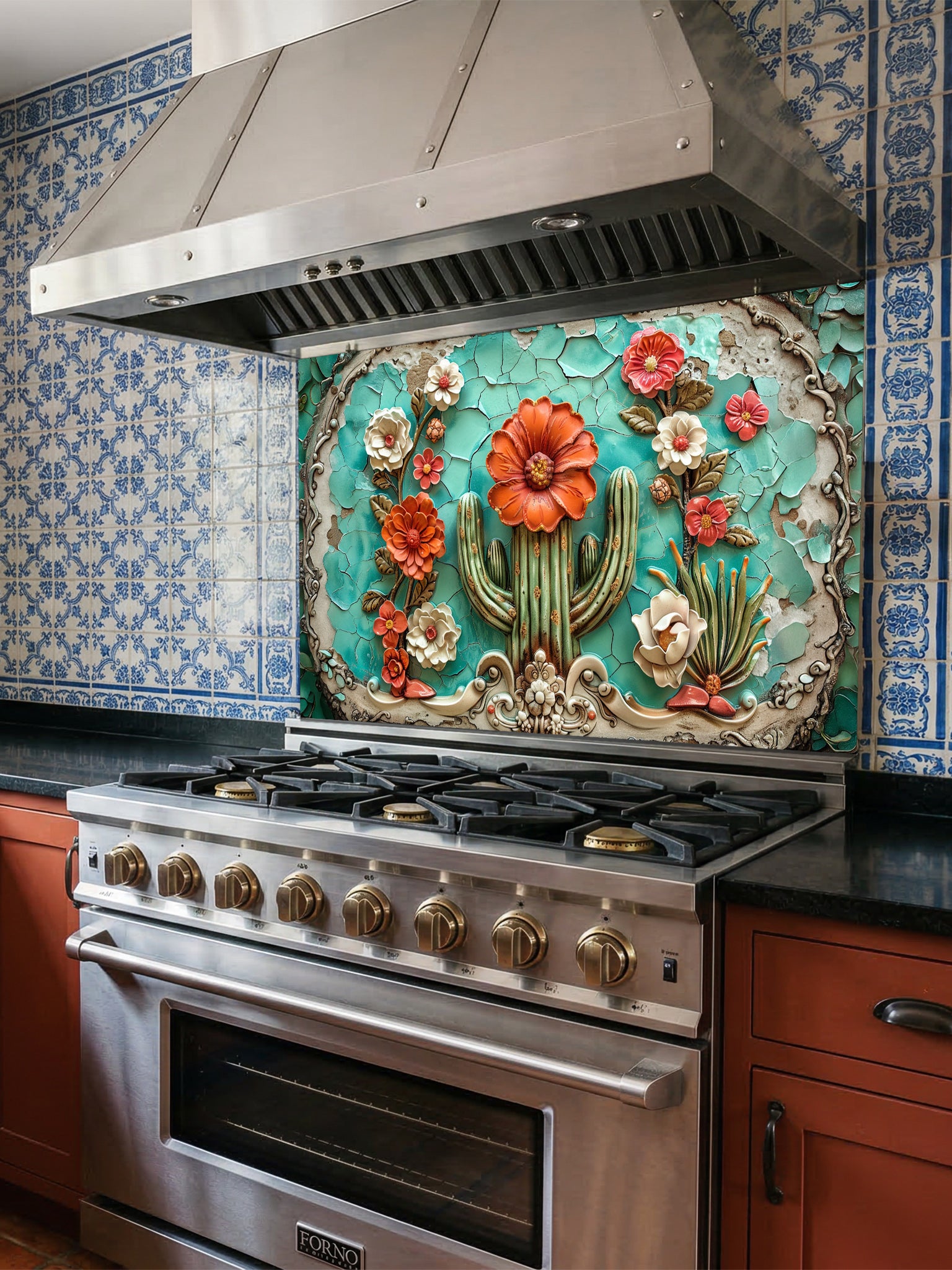 Faux 3D effect embossed blooming cactus with orange flowers on vintage cracked turquoise tiles, UV printed on a smooth tempered glass kitchen backsplash, installed behind a modern stove.