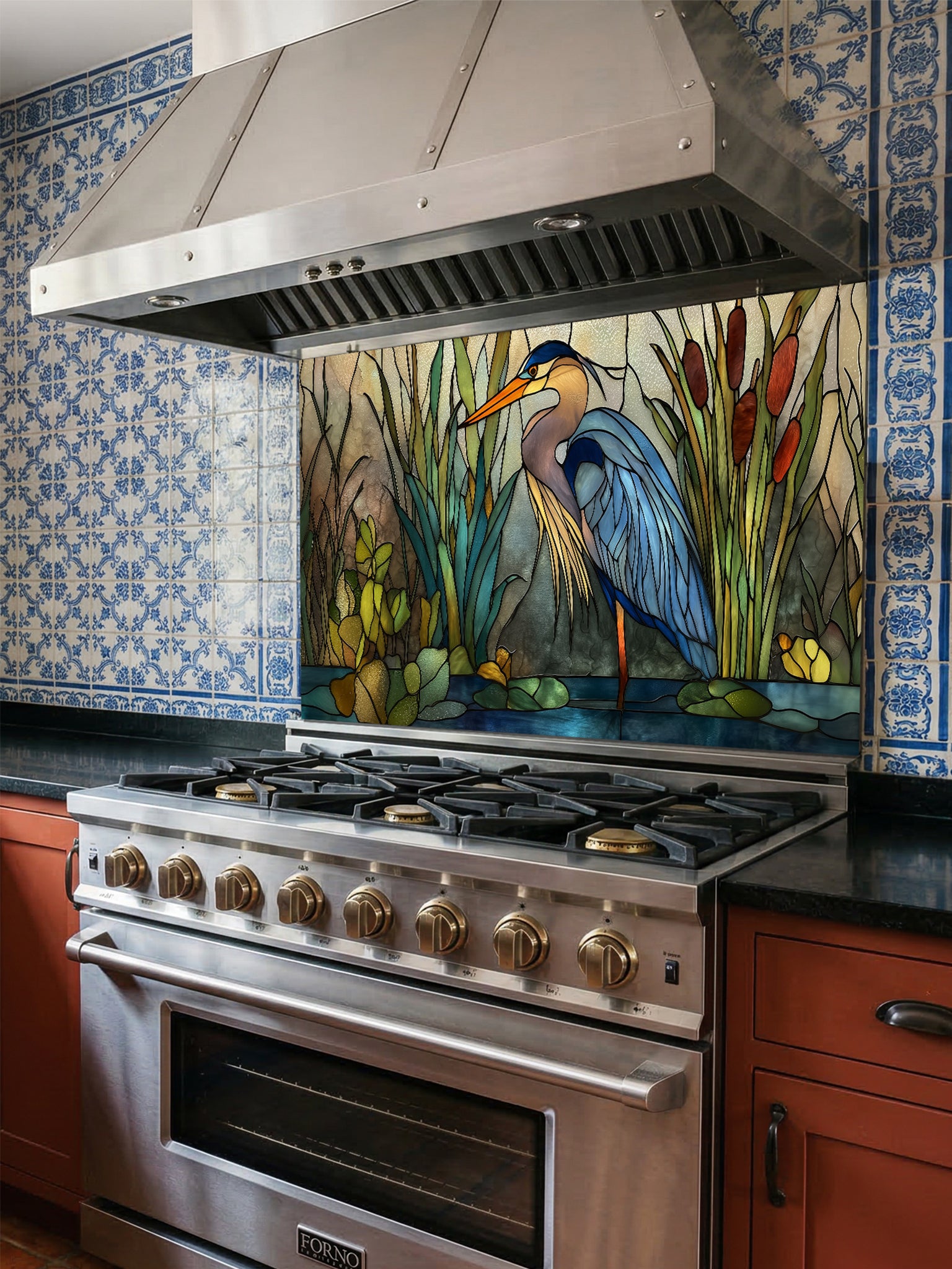 Tempered glass kitchen backsplash featuring a serene faux stained glass design of a majestic blue heron standing in a wetland with cattails and lily pads, installed behind a modern stainless steel stove.